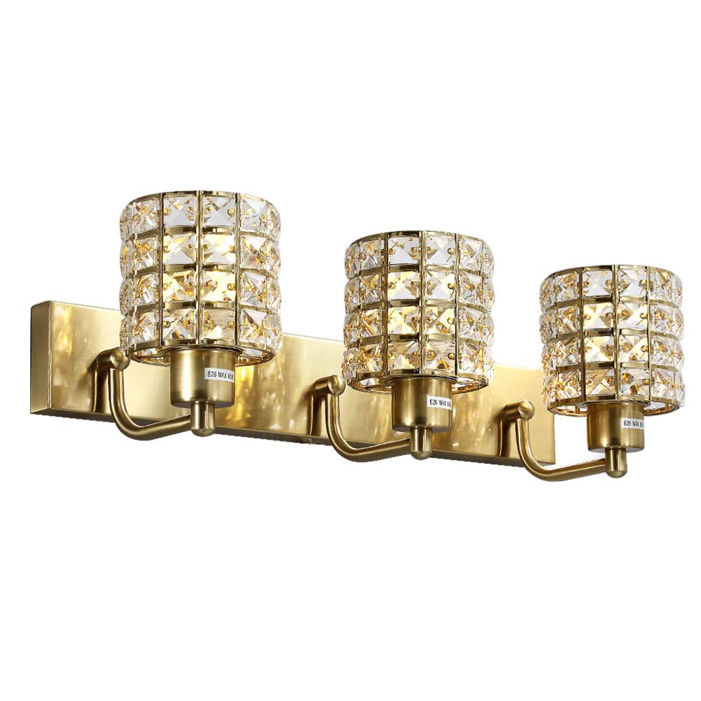 Modern Gold Vanity Lights for Bathroom - 3 Light Fixture with Crystal Wall Sconces, Elegant Mirror Lighting for Makeup & Grooming - Perfect for Bathroom Vanity, Dressing Room & Spa Decor