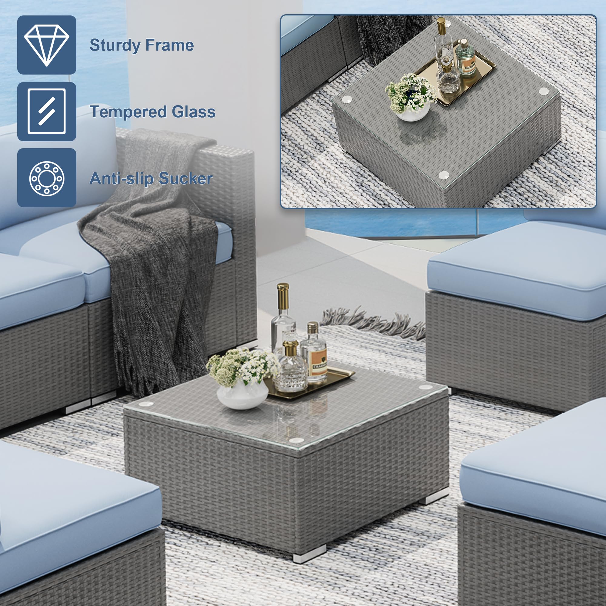 SUNCROWN 7-Piece Outdoor Patio Furniture Set - Grey Wicker Sectional Sofa with Coffee Table & Light Blue Cushions - Perfect for Backyard, Garden, Poolside & Patio Conversations