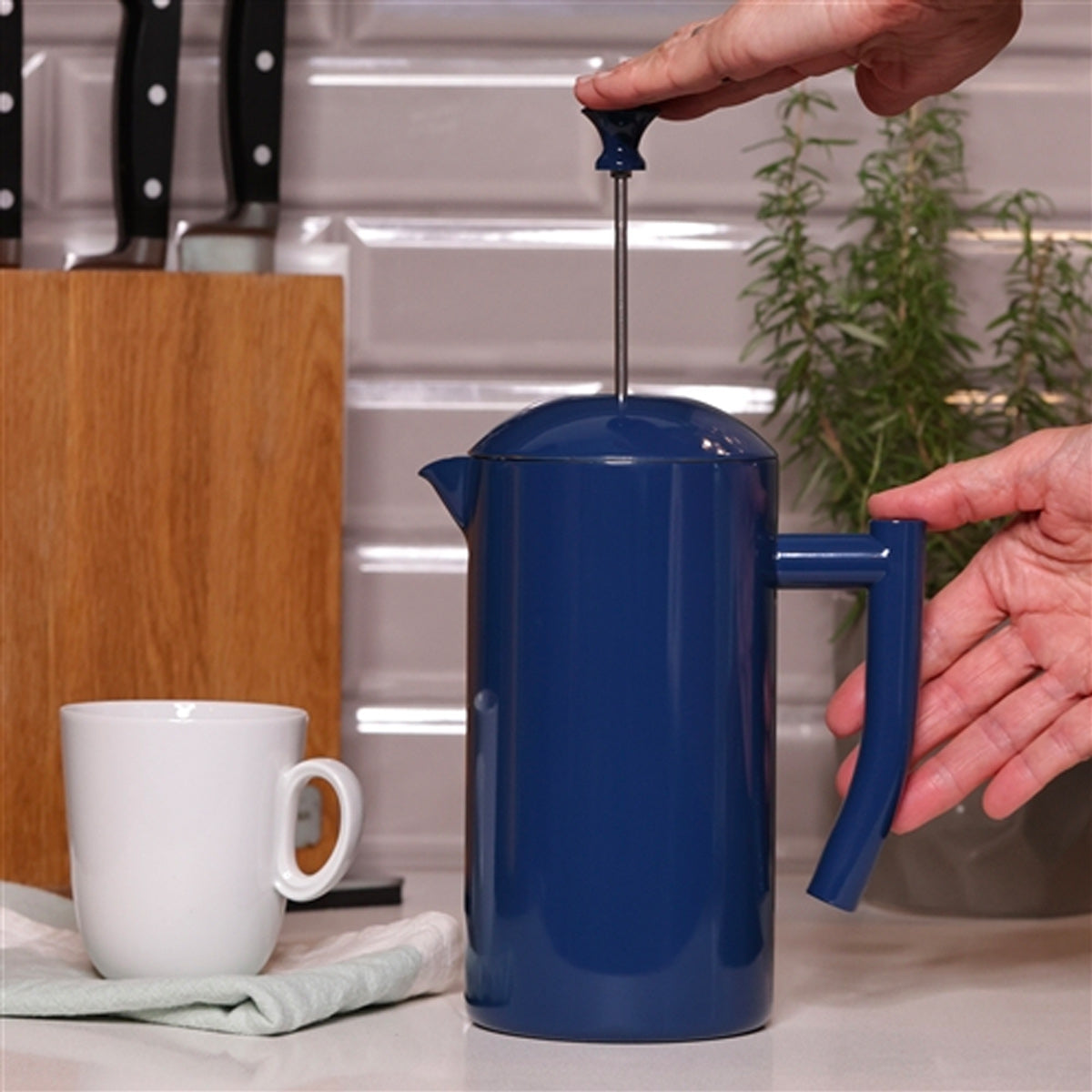 Frieling 34oz Stainless Steel French Press Coffee Maker - Double Wall Vacuum Insulated, Keeps Coffee Hot for Hours, Navy Blue #7002 - Perfect for Home, Office, Camping & Travel