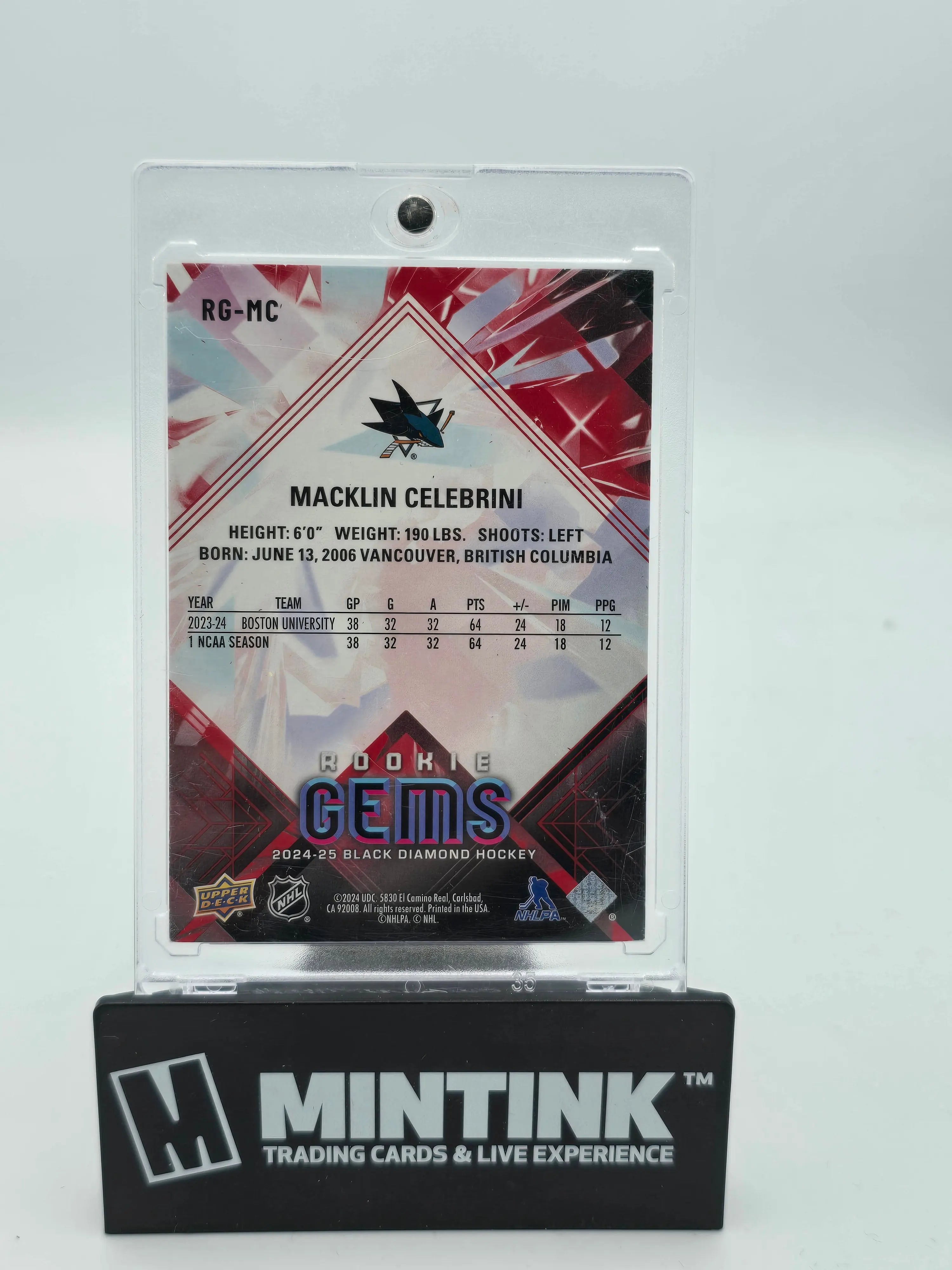 2024-25 Upper Deck Black Diamond Hockey Macklin Celebrini RC Rookie Gems Ruby Parallel /100 - Collectible Trading Card for NHL Fans & Sports Memorabilia Enthusiasts