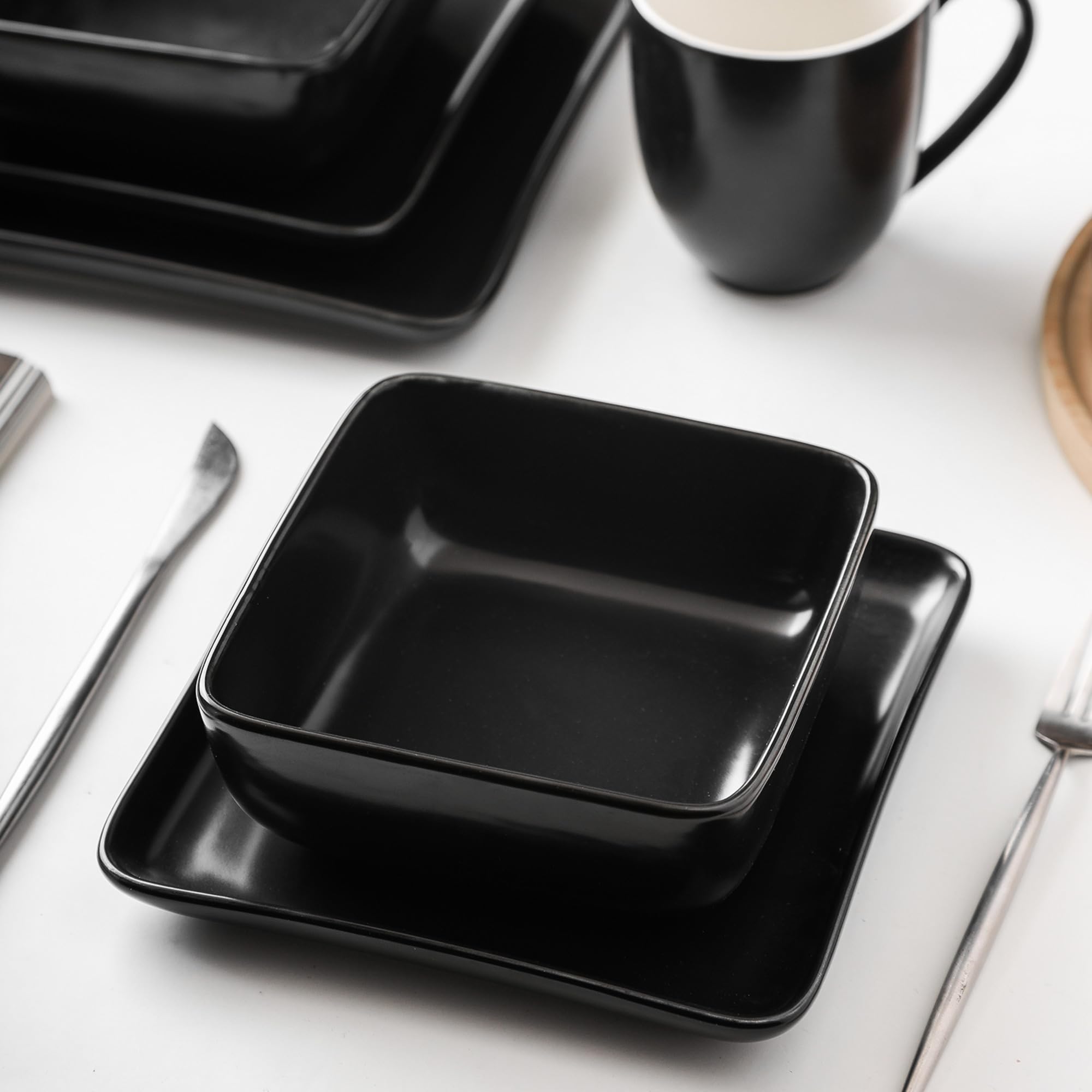 Premium Black Stone Lain Amy Porcelain Dinnerware Set - 24-Piece Service for 6 People - Elegant Dish Set for Formal Dining, Dinner Parties & Everyday Use