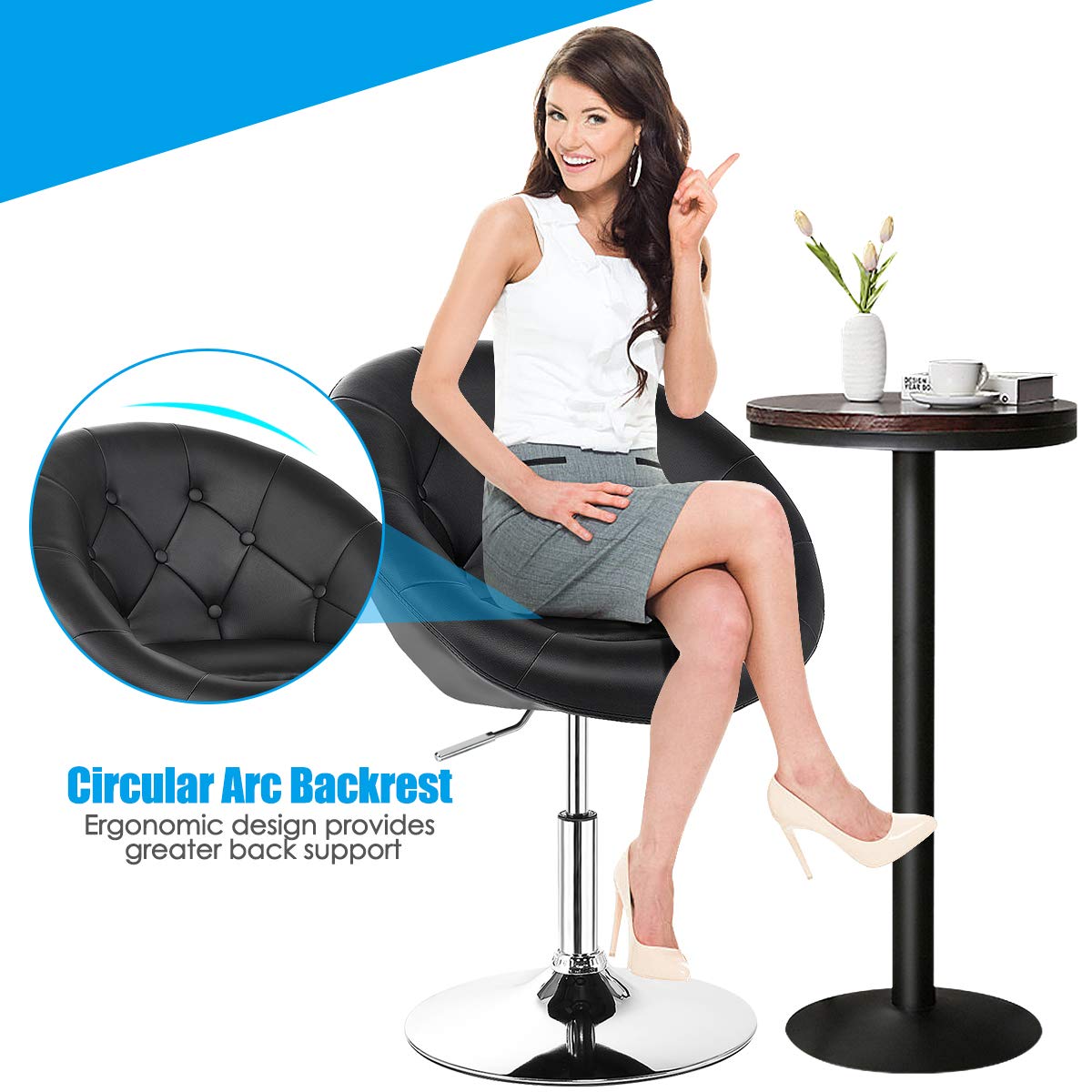COSTWAY Vanity Chair Set of 2 - Adjustable Height Modern Makeup Stool with Chrome Frame & Tufted Round Back - Swivel Accent Chair for Dressing Room, Bedroom, Lounge, Pub, Bar - Black