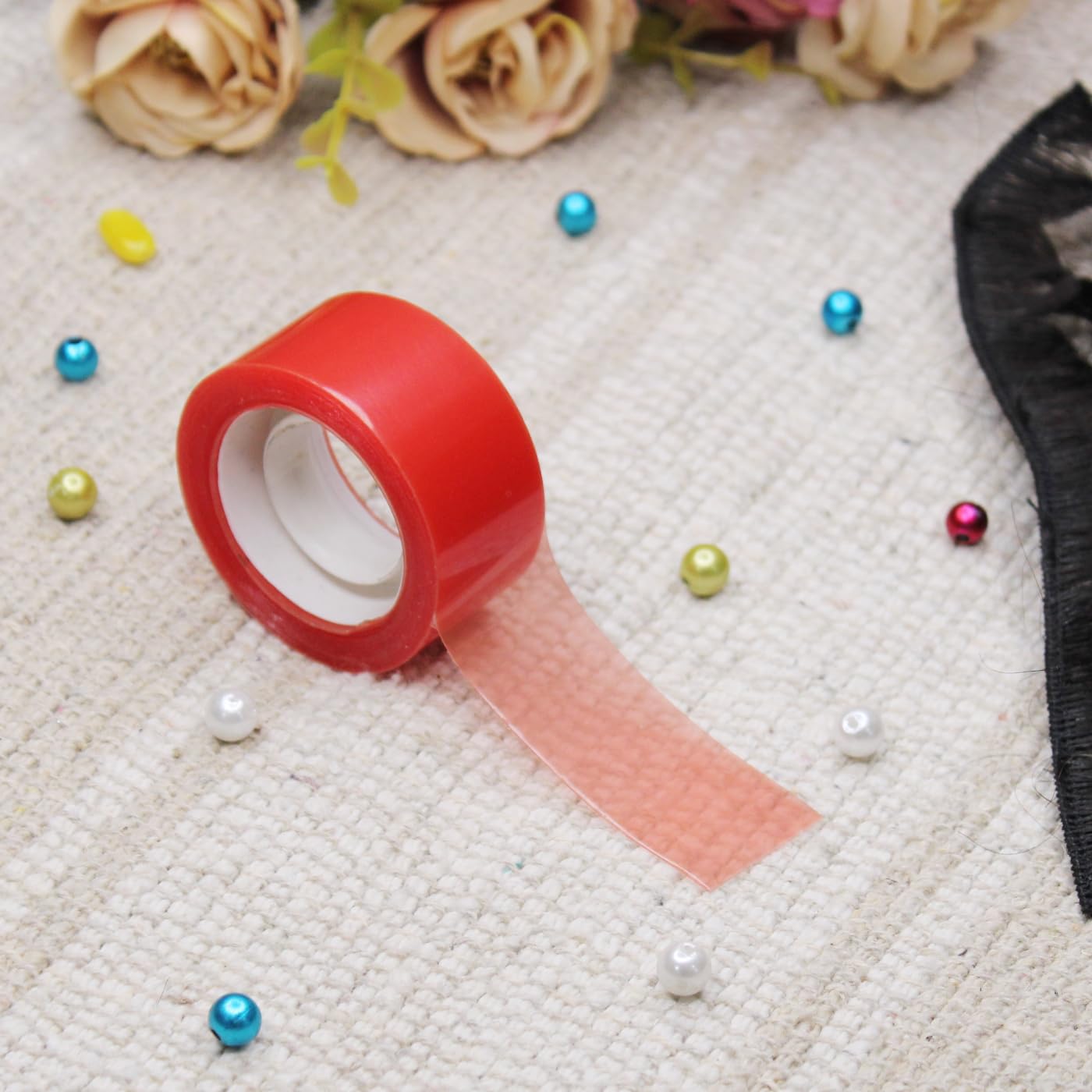 BOXO Transparent Double Sided Hair Wig Tape - Strong Hold for Hair Patch & Toupee - Red Color - Perfect for Daily Wear, Cosplay & Hair Replacement Solutions