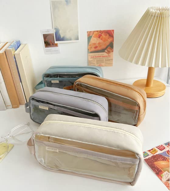 **Kawaii Aesthetic Clear Pencil Case for School - Cute Transparent Pencil Pouch for Teen Girls & Students - Perfect for Organizing Pens, Markers & Art Supplies (Cream)**    *(Ideal for School, College, Office & Travel - Stylish & Functional Stationery Accessory)*