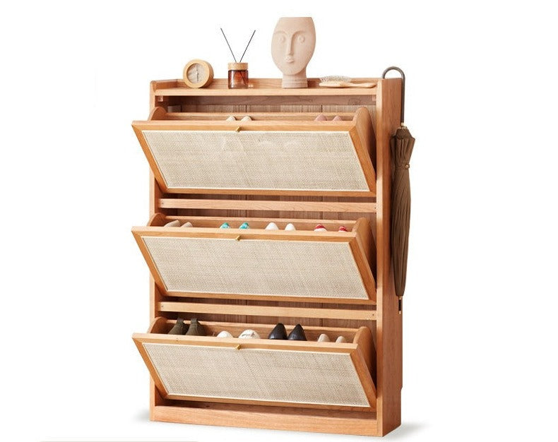 Oak Solid Wood Ultra Thin Flap Door Rattan Shoe Cabinet - Space Saving Entryway Storage Organizer for Hallway, Closet & Mudroom
