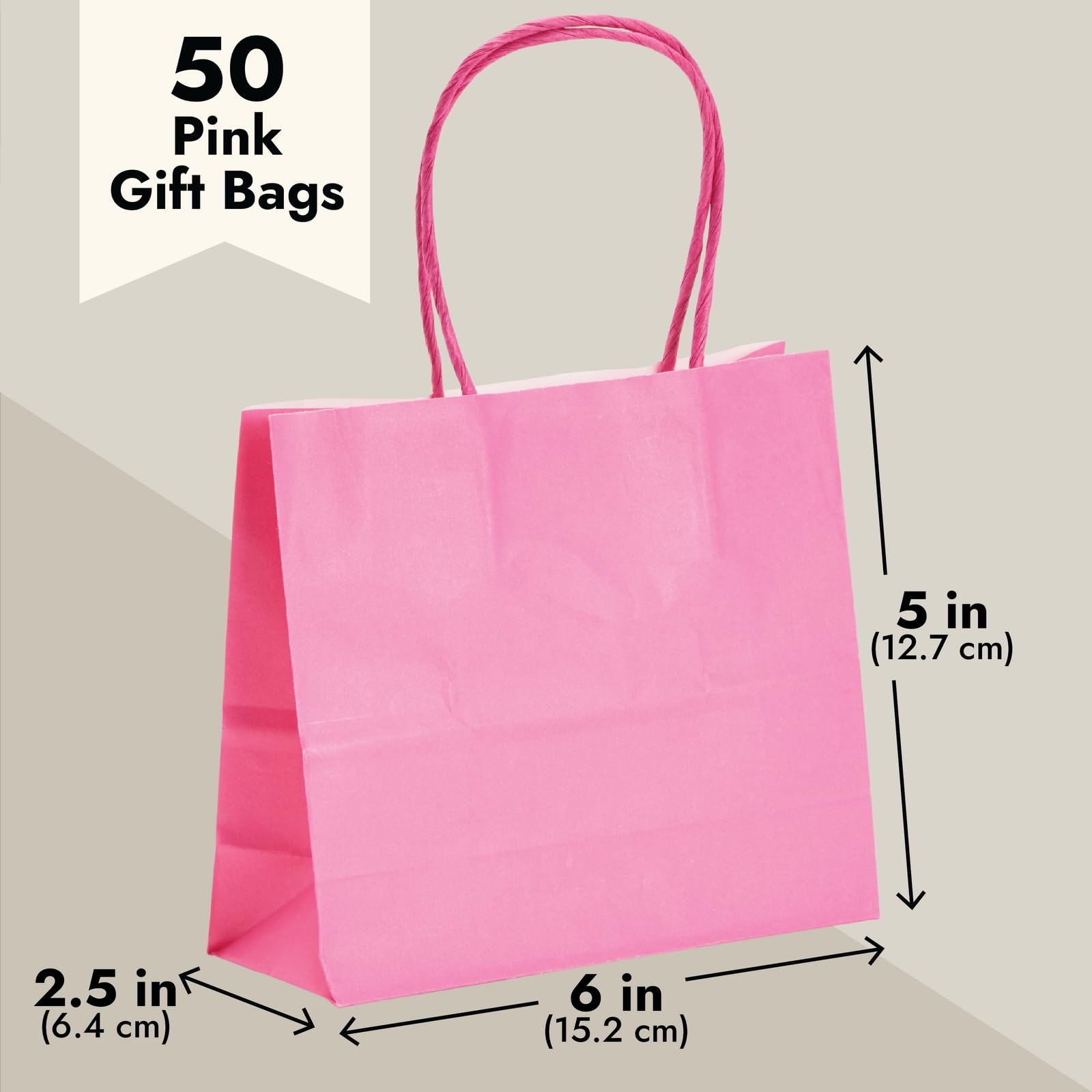 50 Pack Mini Pink Gift Bags with Handles - 6x5x2.5 Inch Bulk Kraft Party Favor Bags for Birthday, Baby Shower, Wedding Favors & Christmas Gift Wrapping