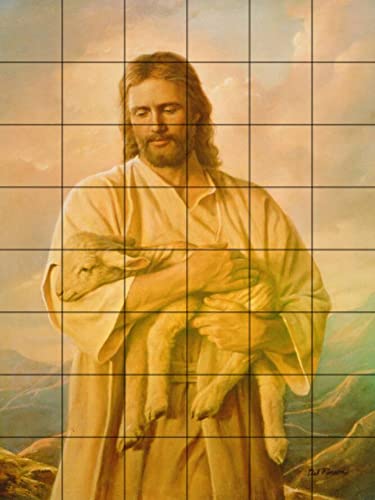 Del Parson Jesus with Lamb Tile Mural - Waterproof Peel & Stick Kitchen Backsplash - Religious Wall Art for Home Decor - Perfect for Farmhouse, Cottage & Church Settings