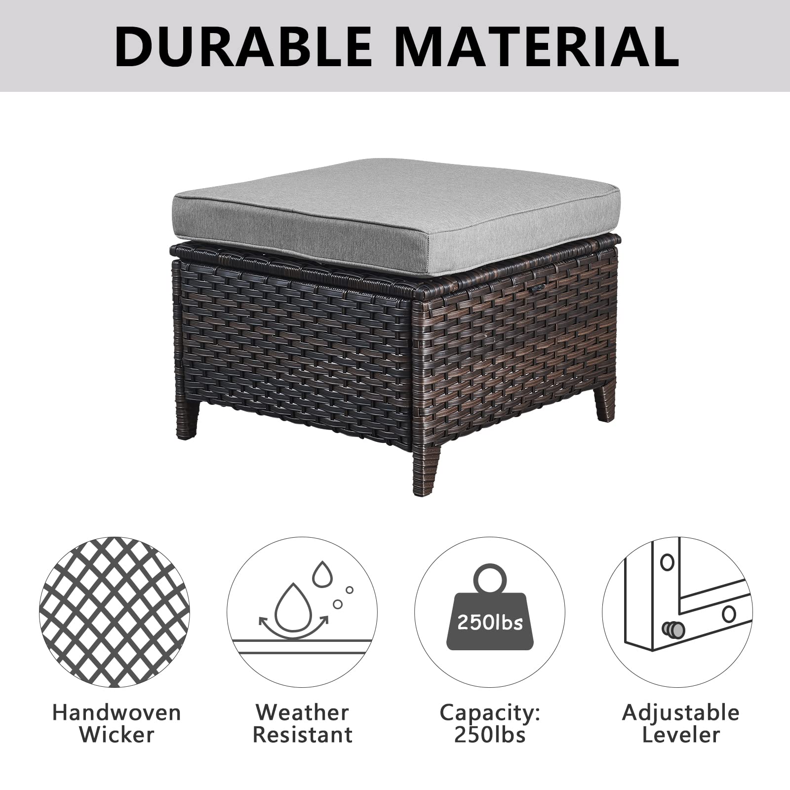All-Weather Outdoor Rattan Ottoman Set of 2 - Patio Seating Footstool with Soft Cushions - Perfect for Garden, Deck, Poolside & Backyard Relaxation