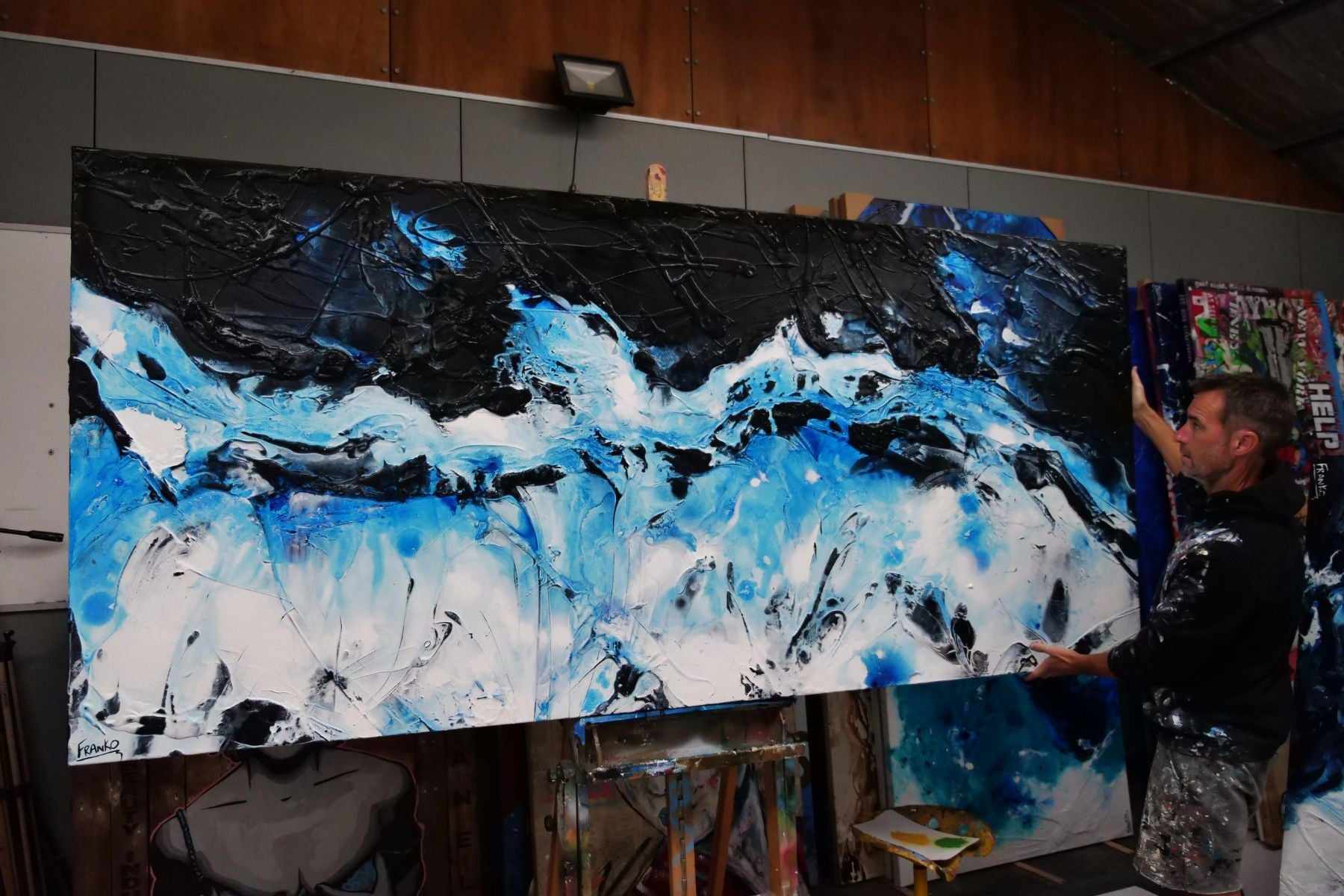 Blackened Rain 270cm x 120cm Black Blue Textured Abstract Canvas Art - Modern Wall Decor for Living Room, Bedroom & Office