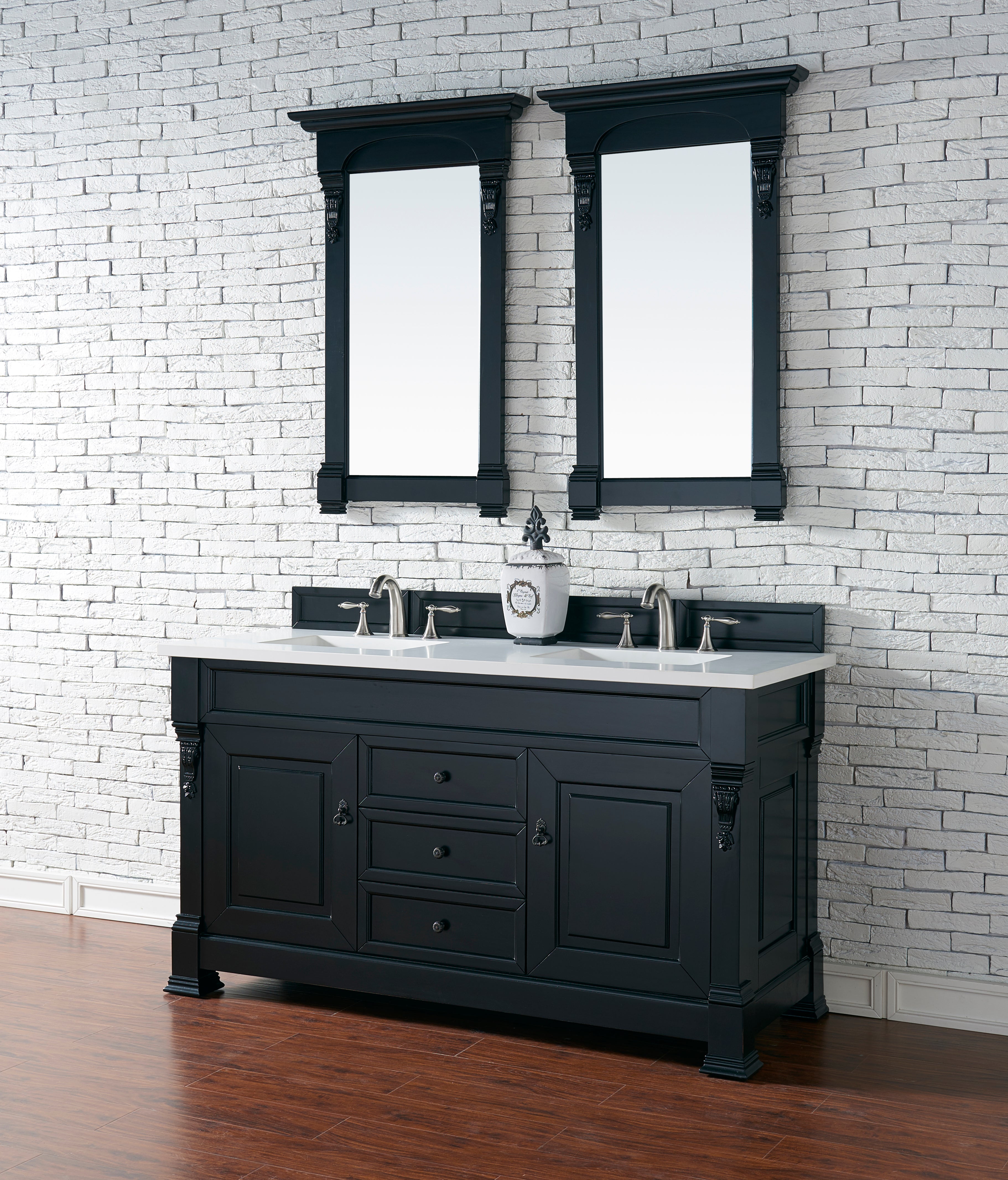 Brookfield 60-Inch Double Bathroom Vanity in Antique Black with 3CM Classic White Quartz Countertop - Perfect for Master Bathrooms & Modern Home Renovations