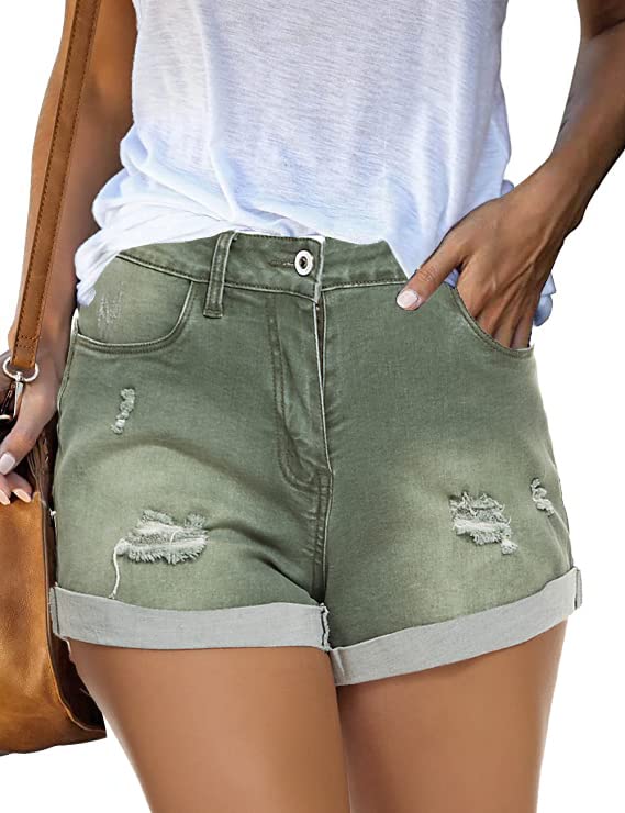 **GOLDPKF Women's Denim Shorts - Mid Waist Stretchy Ripped Jean Shorts with Frayed Hem for Casual Summer Wear | Perfect for Beach, Travel & Everyday Outfits**
