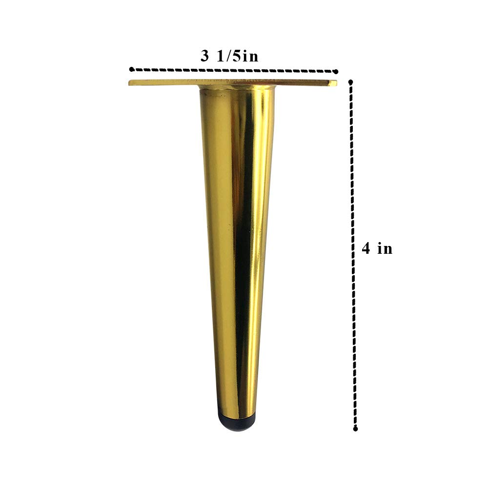4 Inch Gold Steel Round Tapered Furniture Legs - Modern Straight Metal Sofa Feet for Cabinet, Couch & Table (4 Pack) | Durable Hardware for Living Room, Bedroom & Office Furniture Upgrade