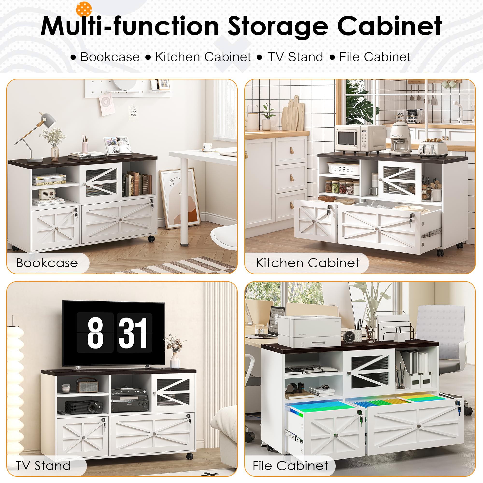 2-Drawer Locking File Cabinet with Wheels - Adjustable Shelf for Letter, Legal, F4 & A4 Files - Home Office Storage Solution for Documents & Supplies (White & Brown) - Perfect for Small Spaces & Shared Workspaces