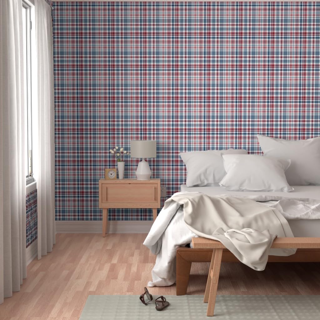 Commercial Grade Spoonflower Wallpaper 27ft x 2ft - Patriotic Plaid Navy Red USA Gingham with Stars & Stripes for July 4th Independence Day Decor | Perfect for Living Room, Bedroom, and Home Office Wall Covering
