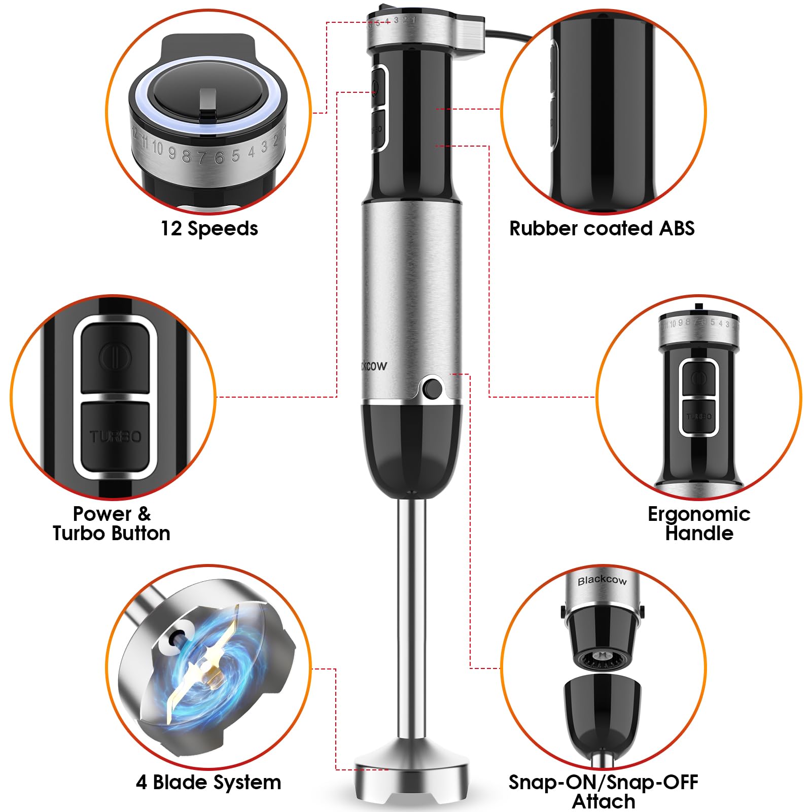 Premium 12-Speed Immersion Hand Blender with Titanium Blades - BPA-Free Kitchen Mixer Includes Chopper Bowl, Whisk & Milk Frother - Perfect for Smoothies, Soups & Baking