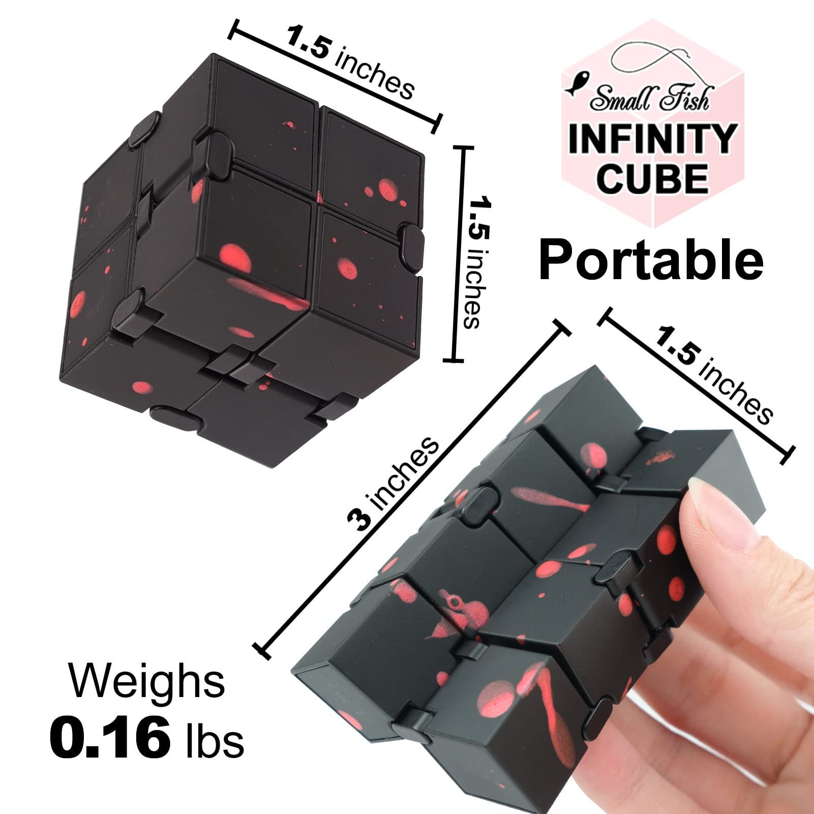 SMALL FISH Fidget Infinity Cube - Durable Metal Sensory Toy for Stress & Anxiety Relief, Perfect for Adults & Kids with Autism & ADHD, Ideal for Office, School & Travel (Black-Red)