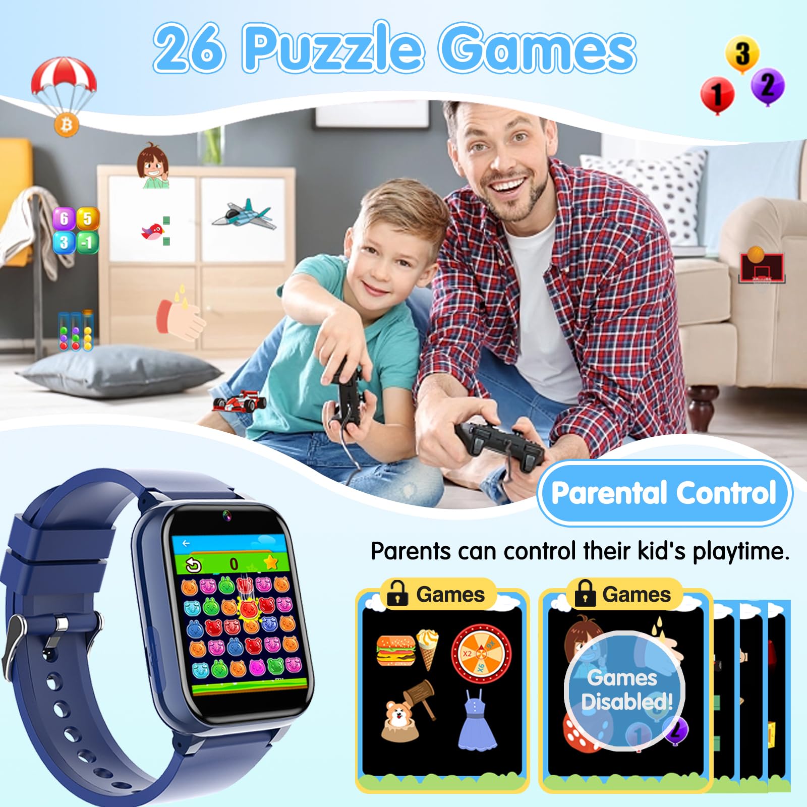 Kids Smart Watch with 26 Games, Camera, Music & Video Player - Waterproof GPS Tracker for Boys & Girls Ages 3-12 - Perfect for Outdoor Play, School & Birthday Gifts (Blue)