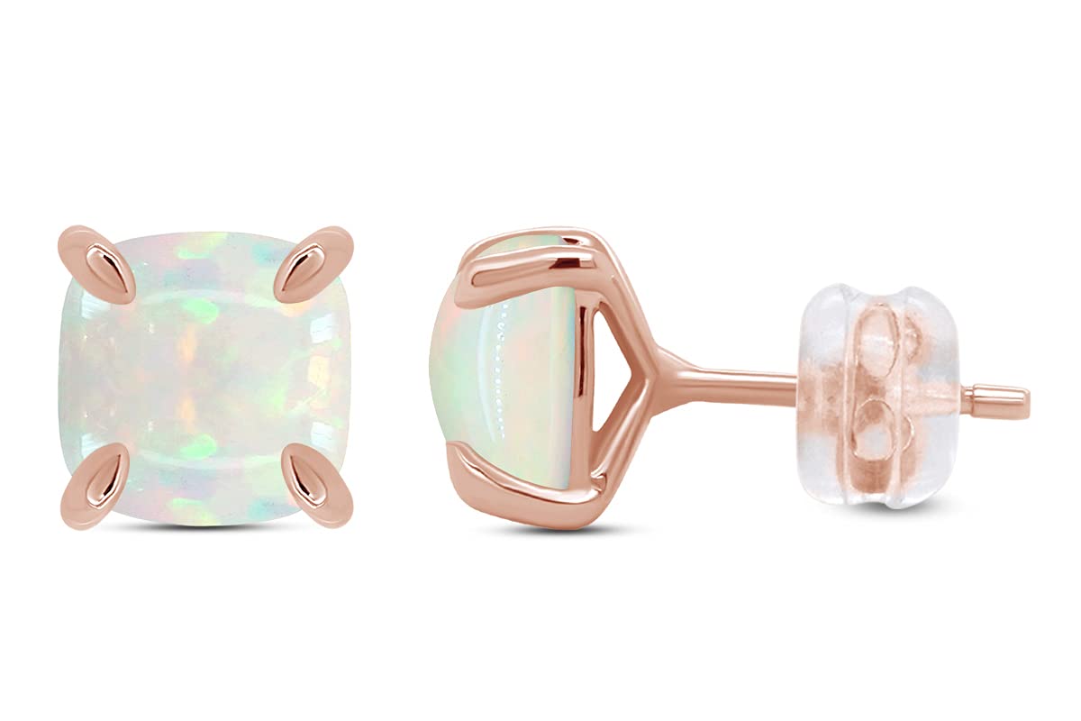 GEMVIO 1 1/5 CT Cushion Cut 7MM Natural Opal Stud Earrings in 10K/14K/18K Solid Gold - 2.20cttw Solitaire 4-Prong Earrings for Women, Perfect Gift for Anniversary, Birthday & Special Occasions