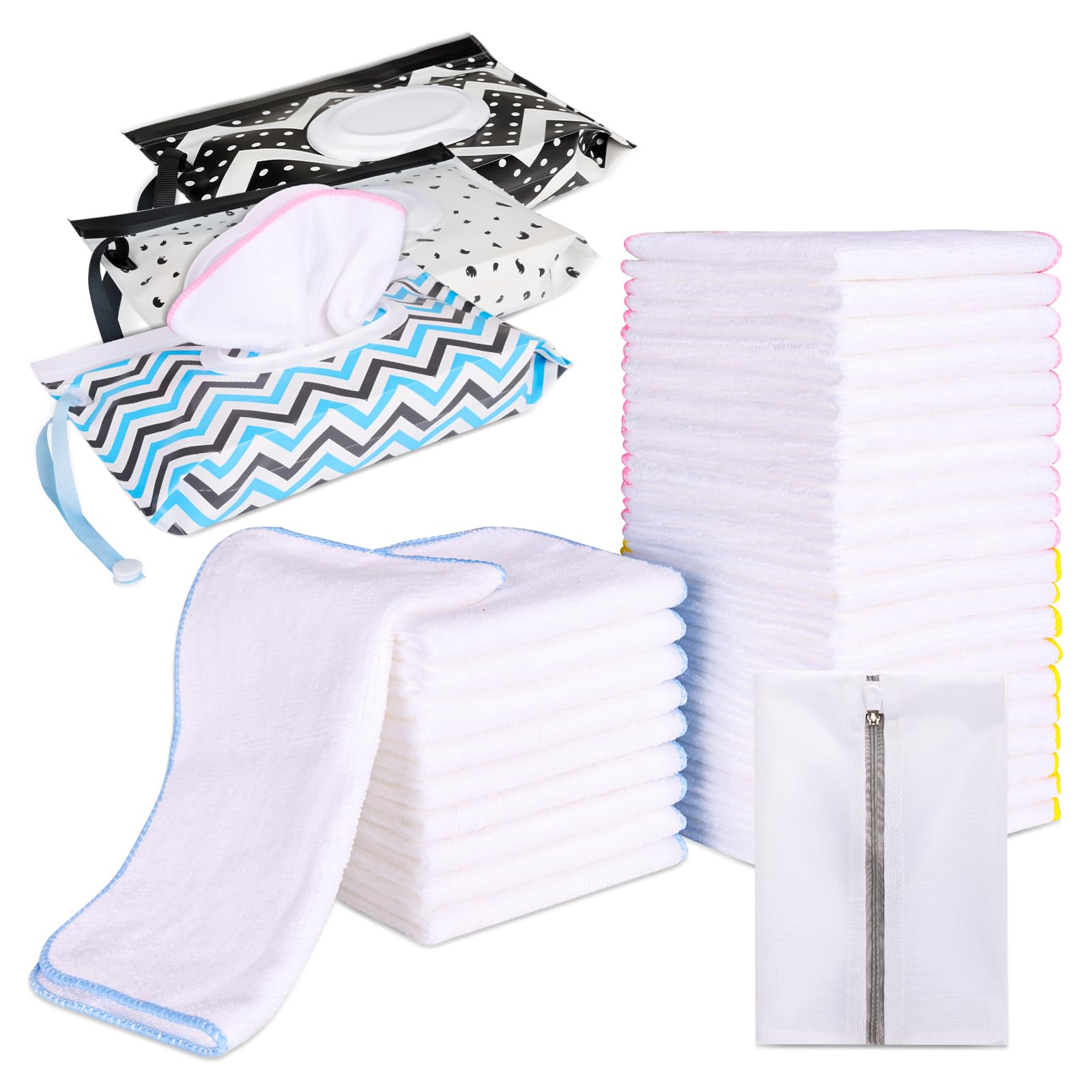 30 Pack Reusable Organic Cotton Baby Wipes with 3 Pack Dispenser - Soft Washable Cloth Diaper Wipes 8x8 Inches - Eco-Friendly Natural Wipes for Newborns, Toddlers & Sensitive Skin - Perfect for Diaper Changes, Face Cleaning & On-the-Go Use