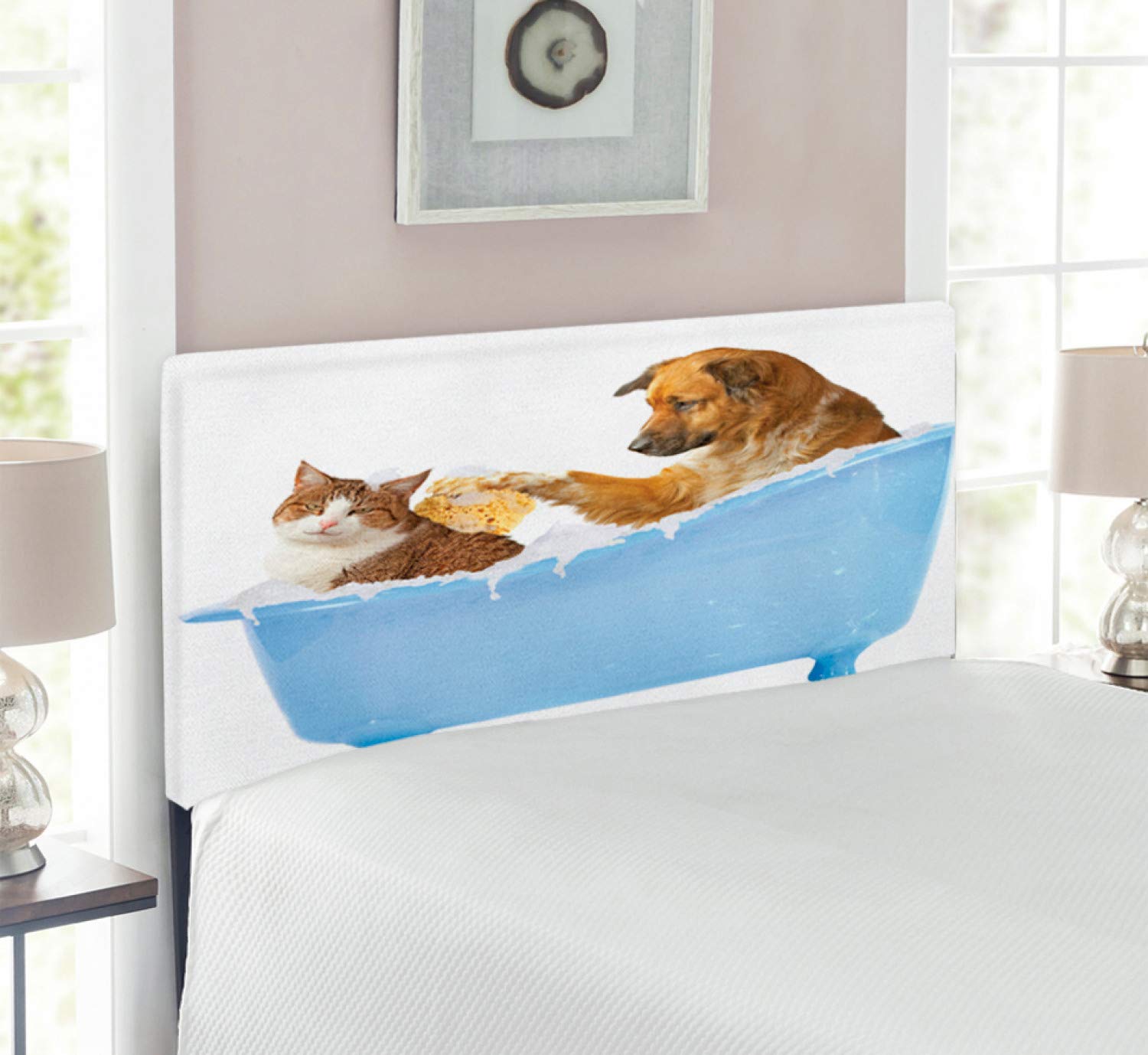 Ambesonne Cat & Dog Shower Fun Print Upholstered Headboard - Twin Size Metal Bed Frame with Memory Foam, Multicolor - Perfect for Pet Lovers' Bedroom Decor & Kids Room Theme