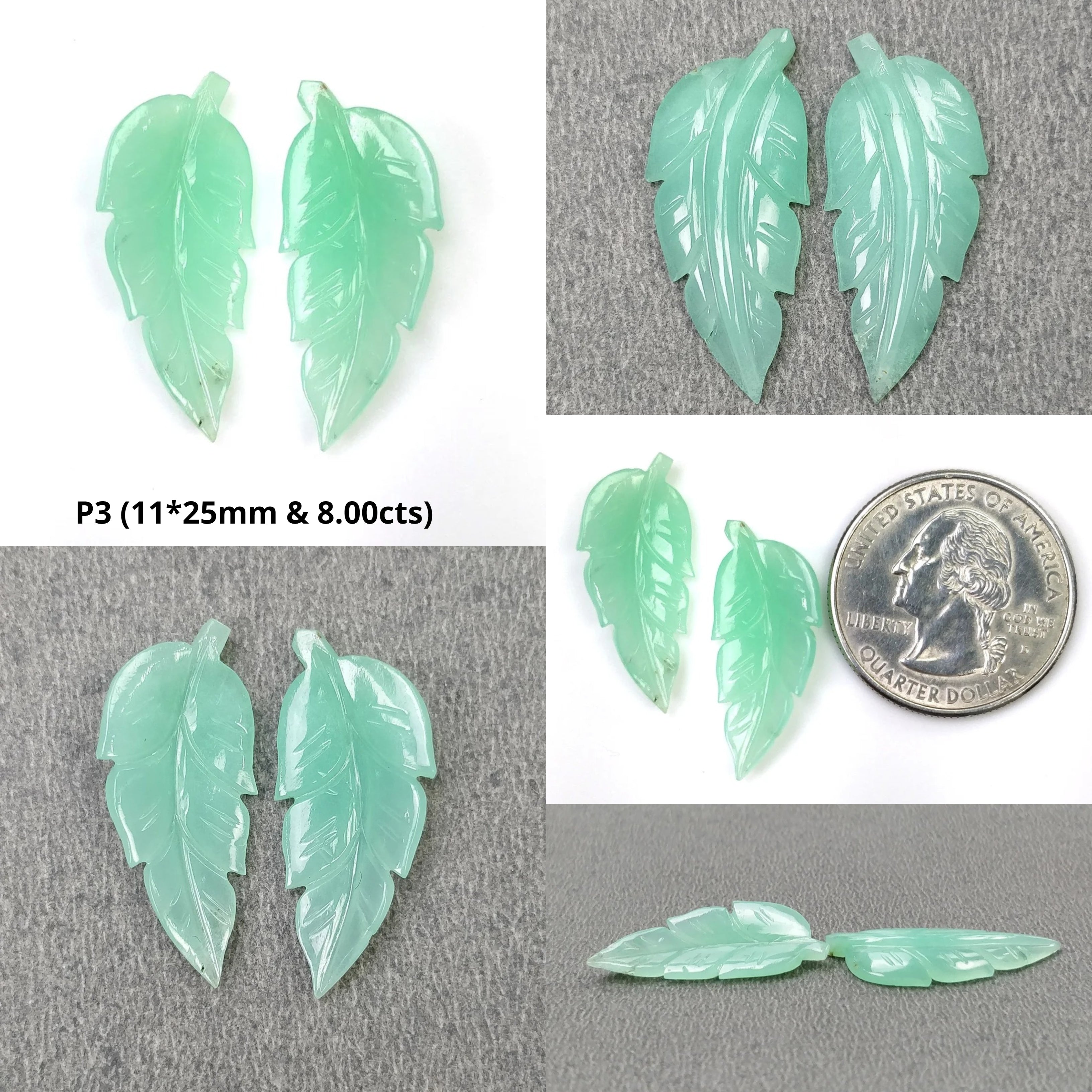 Natural Untreated Green Chrysoprase Gemstone Carving - Hand Carved Leaves 11x22mm & 16x30mm Pair for Jewelry Making & Spiritual Healing