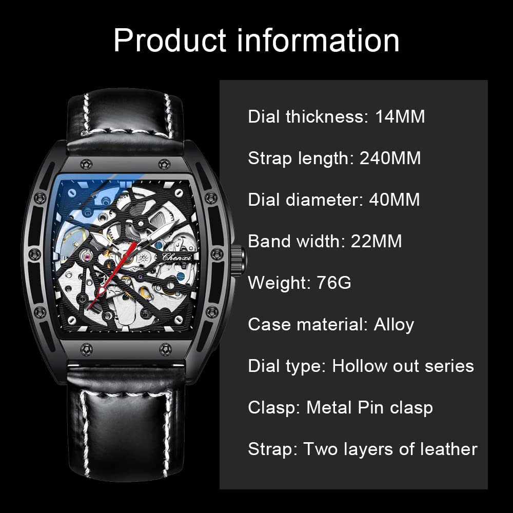 Tiong Sport Men's Automatic Mechanical Watch - Silver & Black Leather Strap Business Watch for Men | Perfect for Office, Formal Events & Everyday Wear