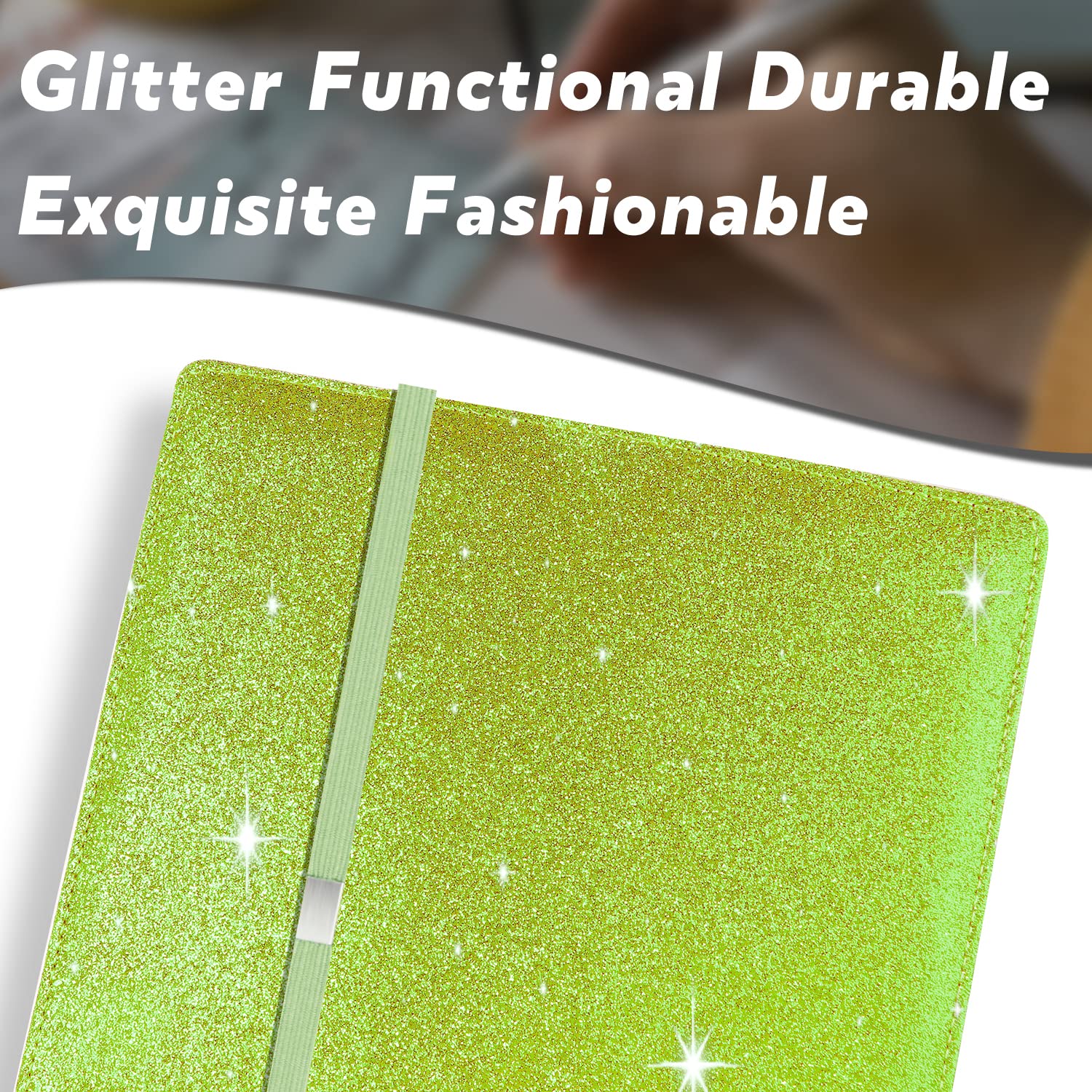 Sparkly Glitter Checkbook Cover for Women & Girls - Bling PU Leather RFID Blocking Checkbook Case with Pen Holder & Elastic Strap - Fits Top/Side Tear Checks - Green | Perfect for Gift, Office & Daily Finance Organization