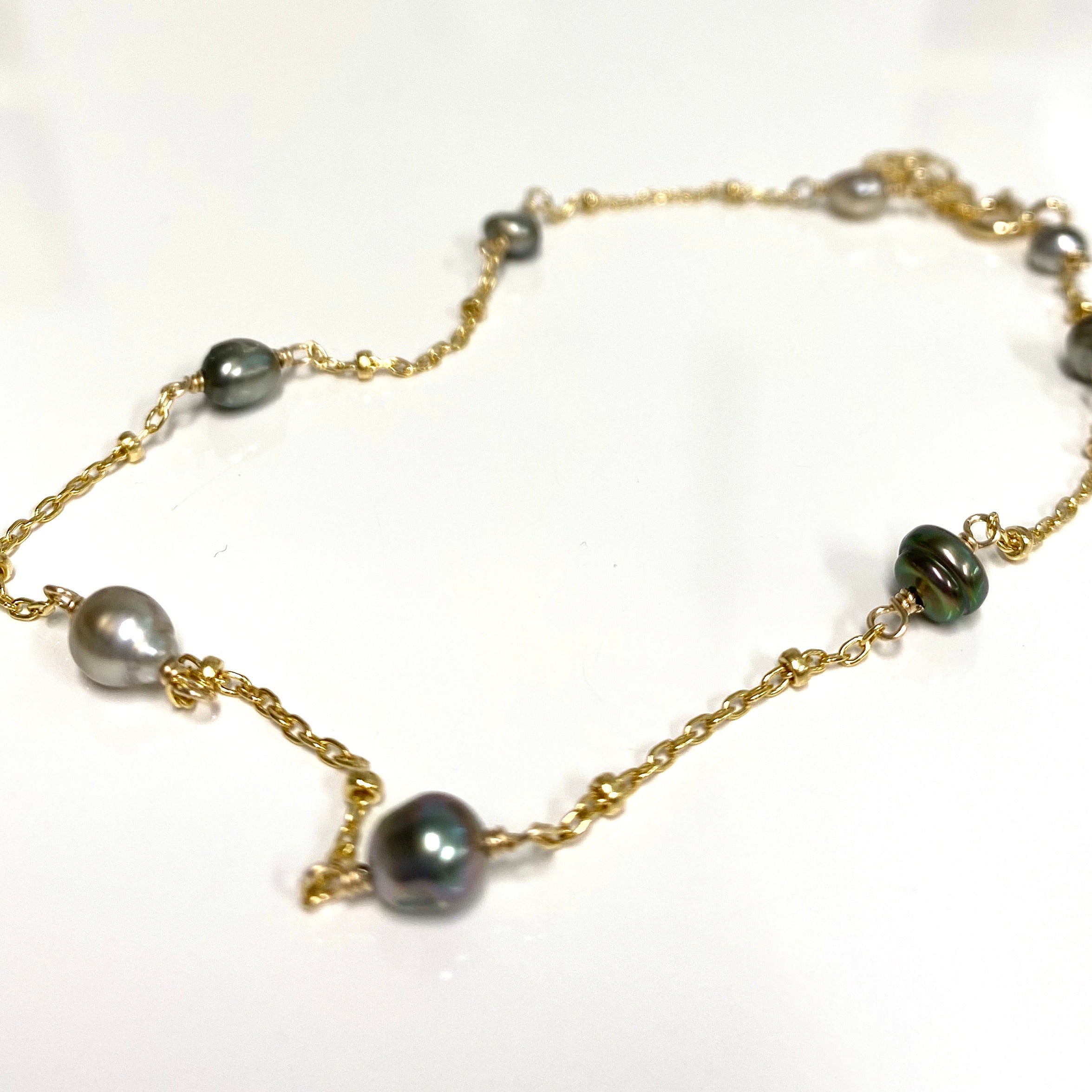 Keshi Tahitian Pearl Anklet (B467) - Handmade Black Pearl Ankle Bracelet for Women, Beach Wedding & Boho Jewelry Gift