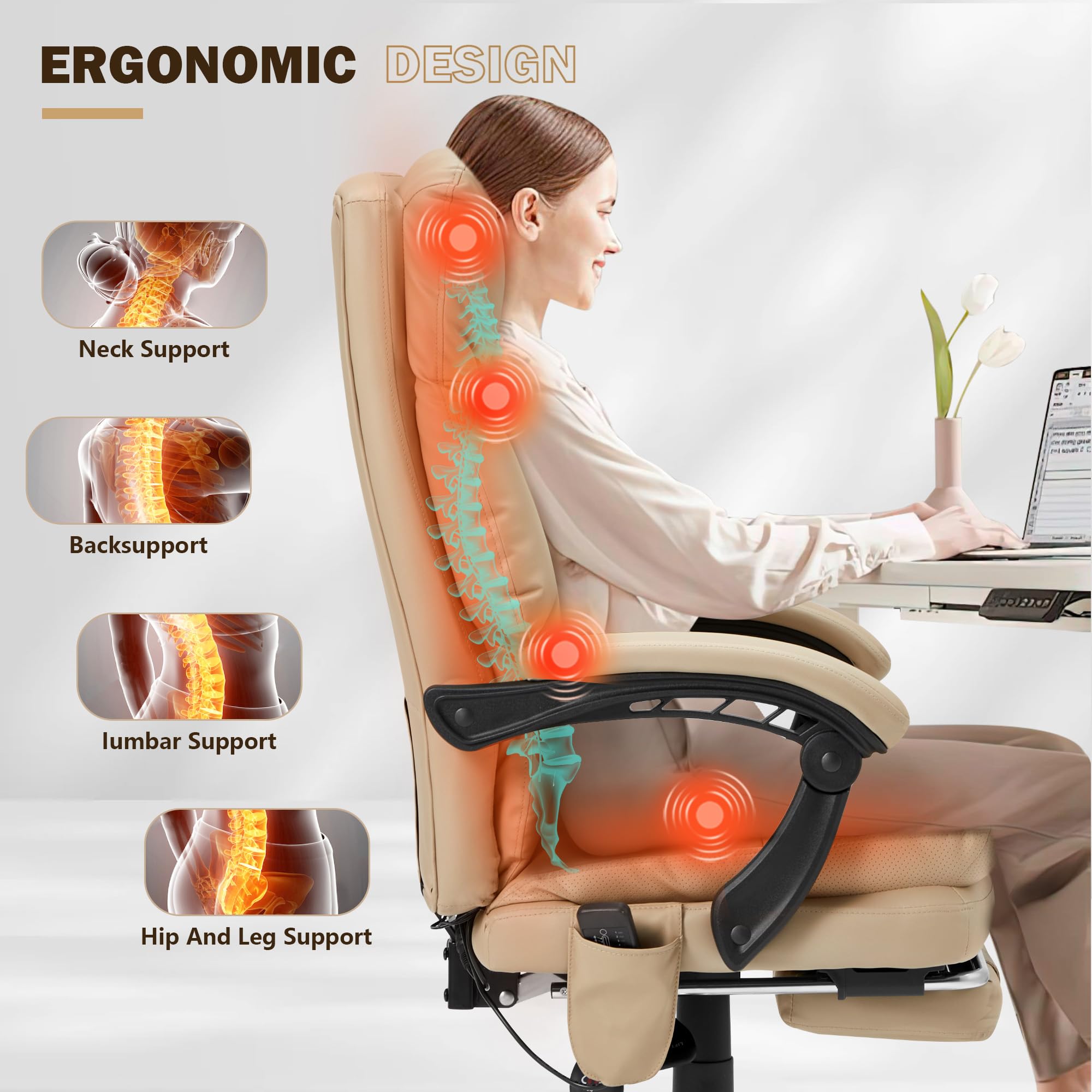 HOMREST Ergonomic Office Chair with 6-Point Massage & Heating, Adjustable Executive Desk Chair with Footrest - PU Leather Home Office Chair for Back Pain Relief, Perfect for Work from Home & Office Use (Khaki)