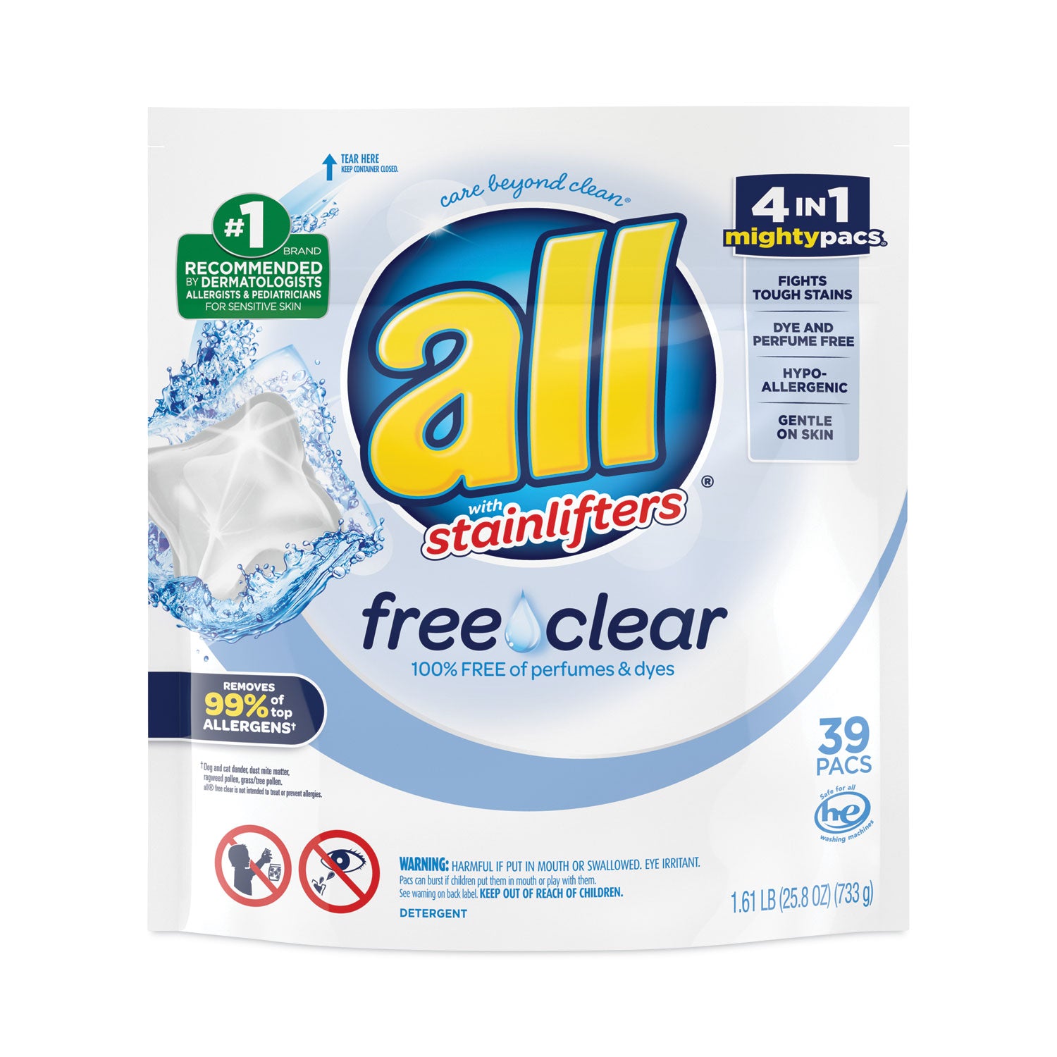 All® Mighty Pacs Free & Clear Super Concentrated Laundry Detergent Pods - 39 Count (Pack of 1) - Hypoallergenic, Dye-Free for Sensitive Skin - Perfect for HE Washers & Family Laundry