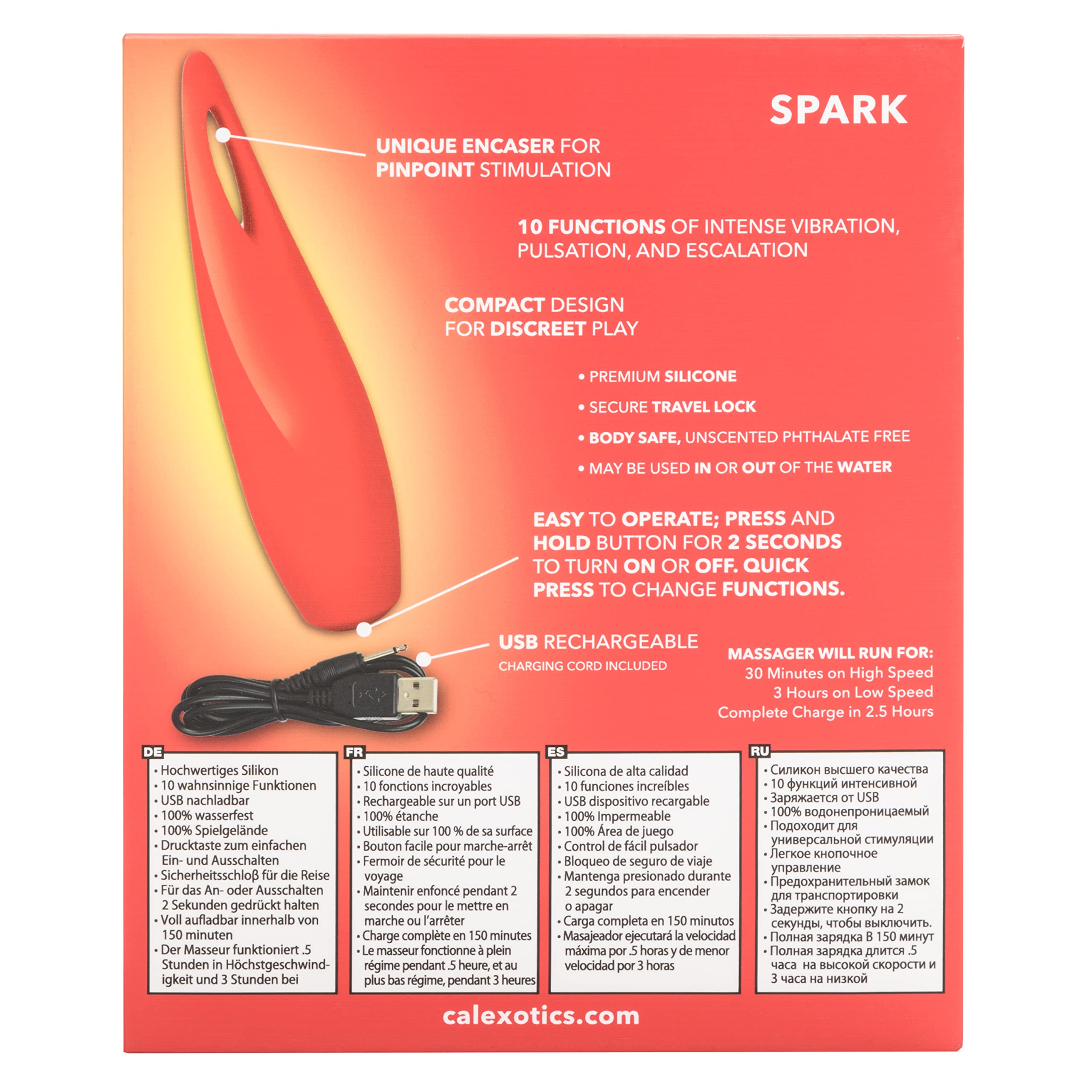 CalExotics Red Hot Spark - 10-Function Waterproof Vibrator – Rechargeable Silicone Compact Vibe – Adult Sex Massager for Couples - Red | Perfect for Solo Play & Couples Intimacy