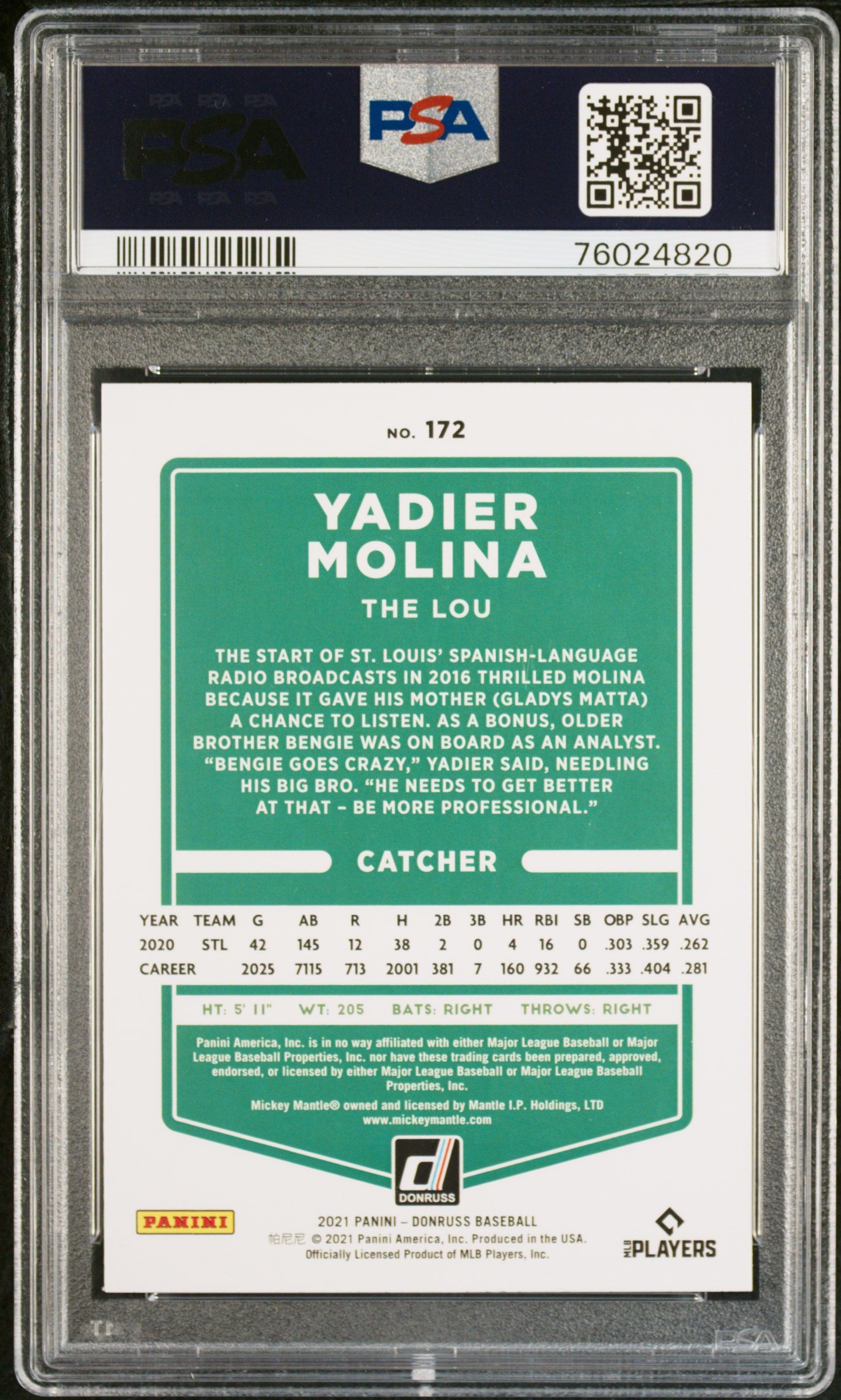 2021 Panini Donruss Yadier Molina SP #172 PSA 10 Gem Mint Baseball Card - Perfect for Collectors, Investors & Sports Memorabilia Enthusiasts