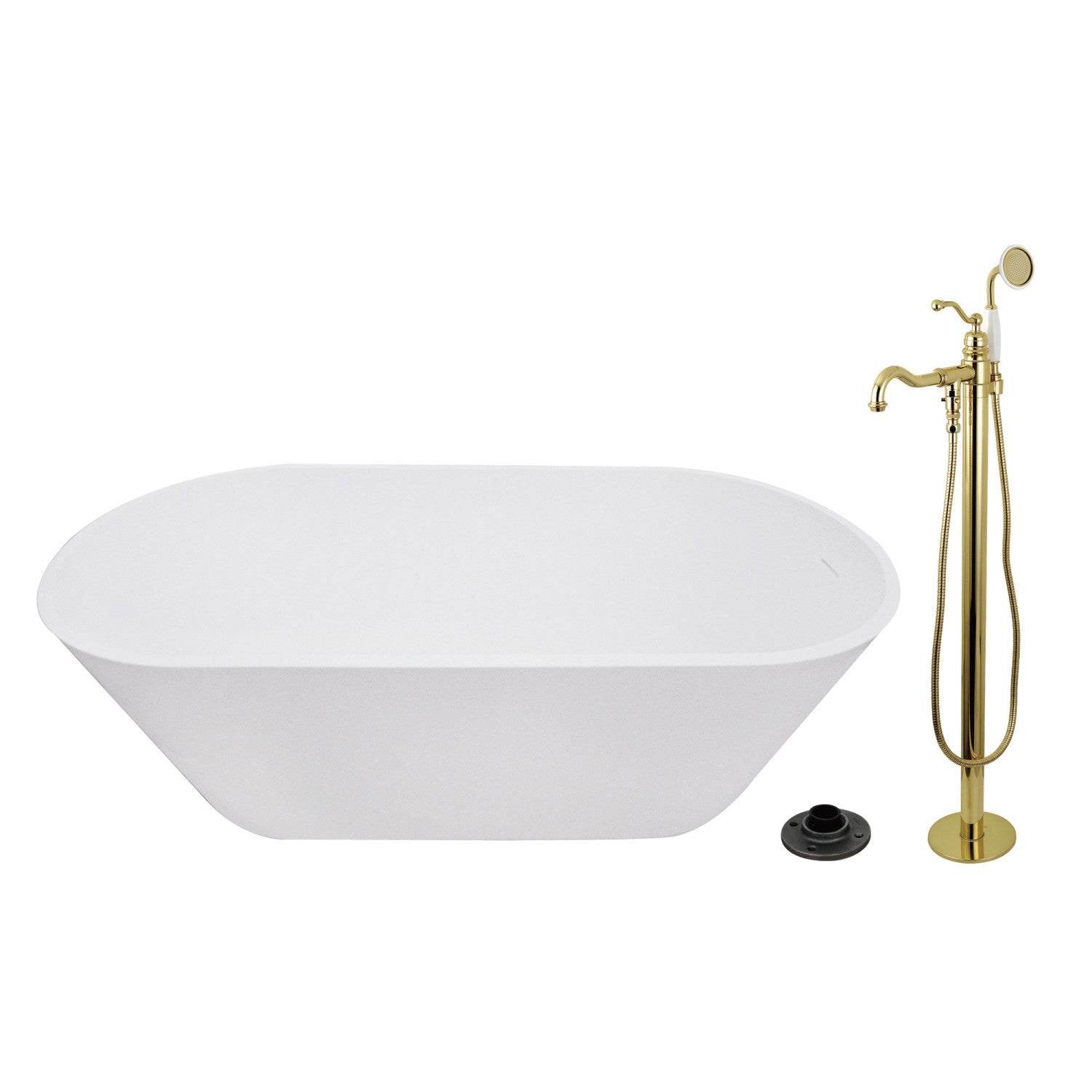 Arcticstone 67 Inch Freestanding Oval Bathtub with Faucet Combo - Solid Surface Double Ended Soaking Tub in Polished Brass - Perfect for Luxury Bathrooms & Spa Retreats