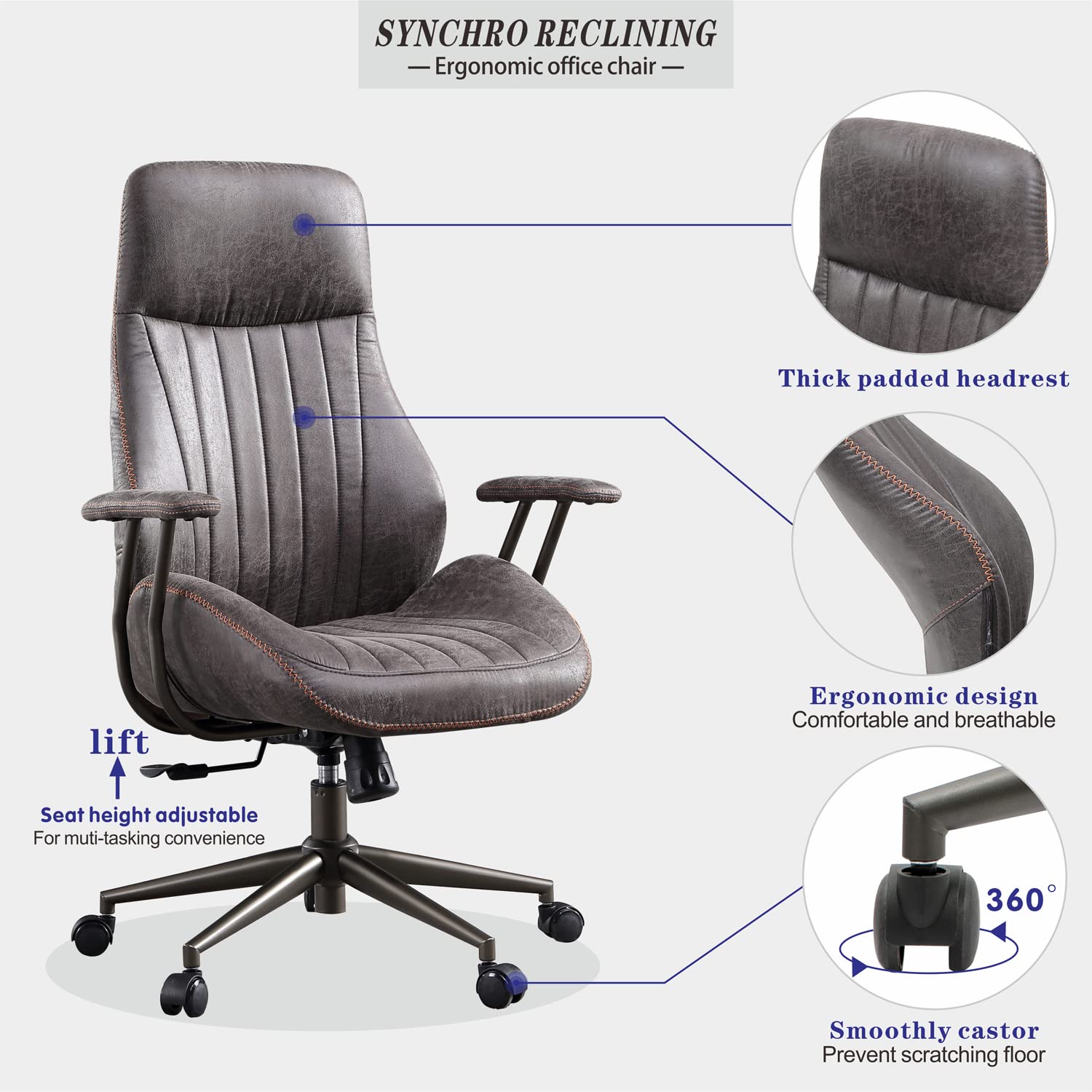 Ergonomic Office Chair with High Back & Lumbar Support - Modern Computer Desk Chair for Home or Executive Office - Adjustable Leather Executive Chair for Long Hours Sitting (Gray-Black) - Perfect for Home Office, Gaming Setup, and Professional Workspaces