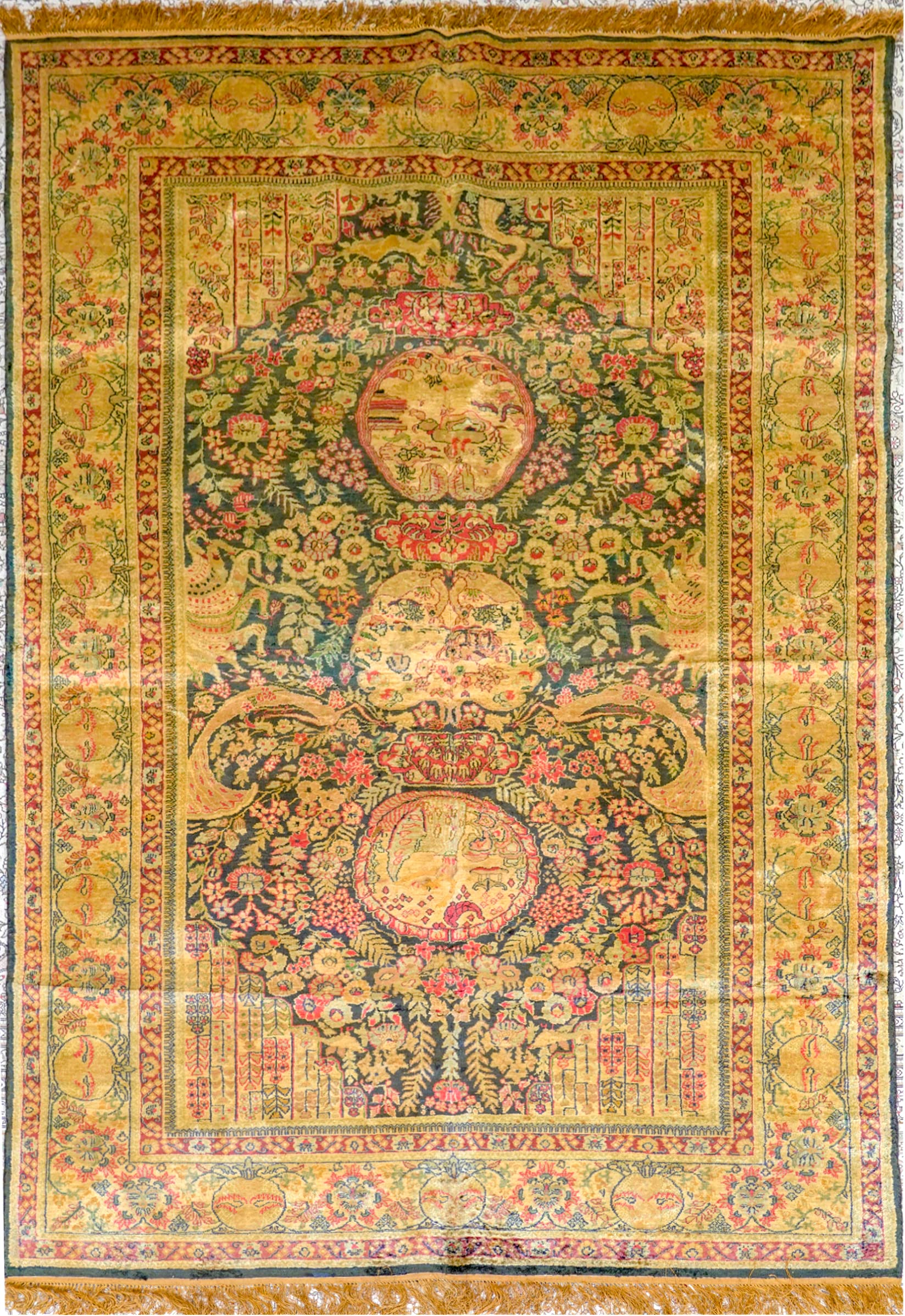 Handmade Persian Silk Carpet 5x8ft Floral Oriental Area Rug with Fringes - Yellow & Blue Yilong Carpet for Living Room, Bedroom & Office Decor