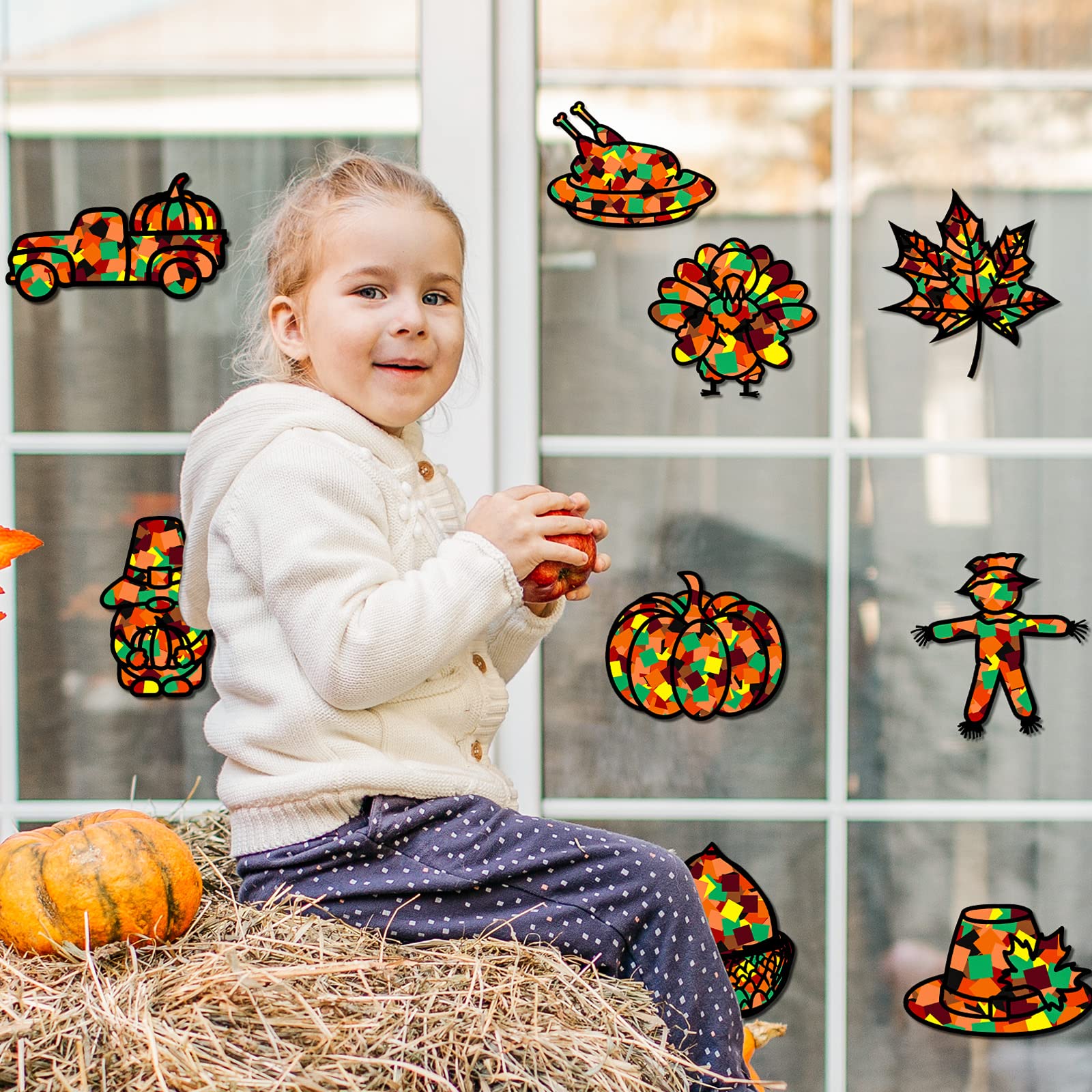 Gueevin 18 Sets Thanksgiving Stained Glass Suncatcher Kit - DIY Window Art Crafts with Tissue Paper & Glue Sticks for Kids, Classroom Decor, Holiday Home Decoration | Perfect for Thanksgiving Activities, Children's Art Projects & Seasonal Window Displays
