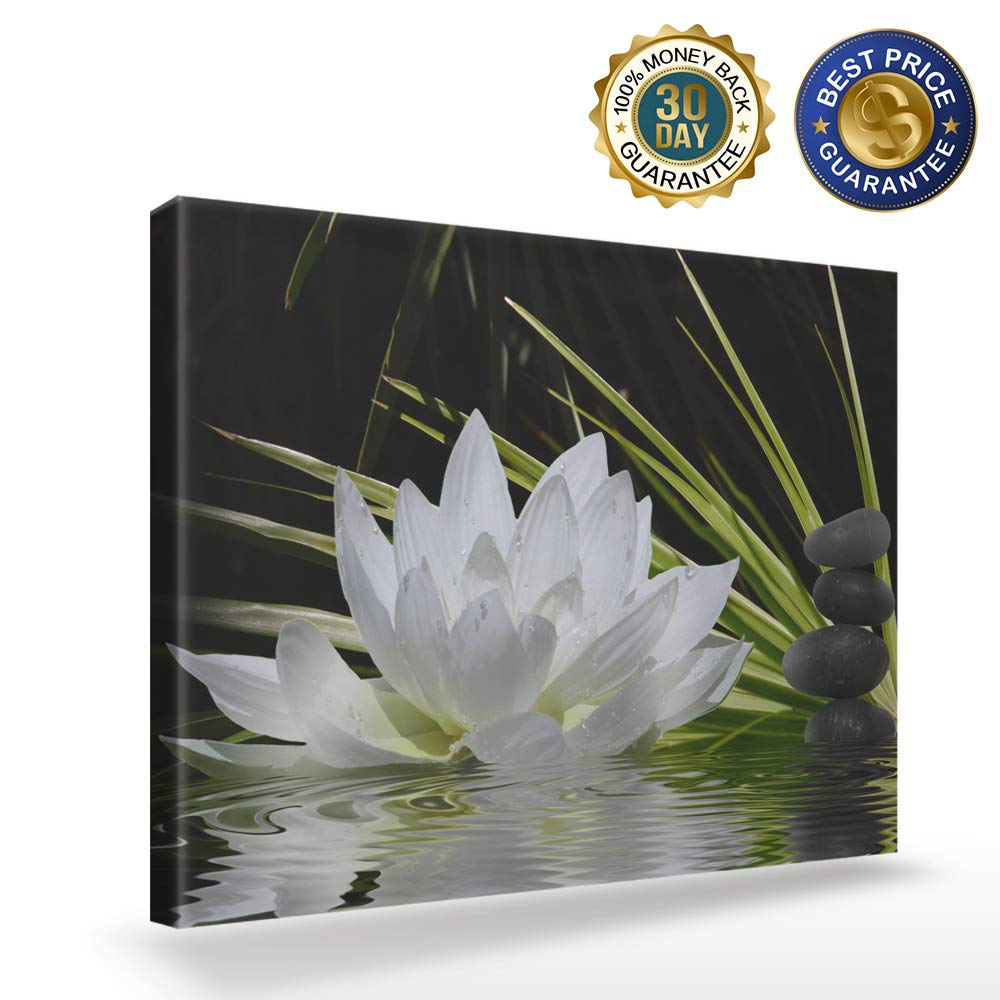 Modern White Lotus & Black Zen Stones Canvas Wall Art - 12x16 Inch Stretched Framed Ready to Hang - Giclee Print Gallery Decor for Living Room, Bedroom & Office