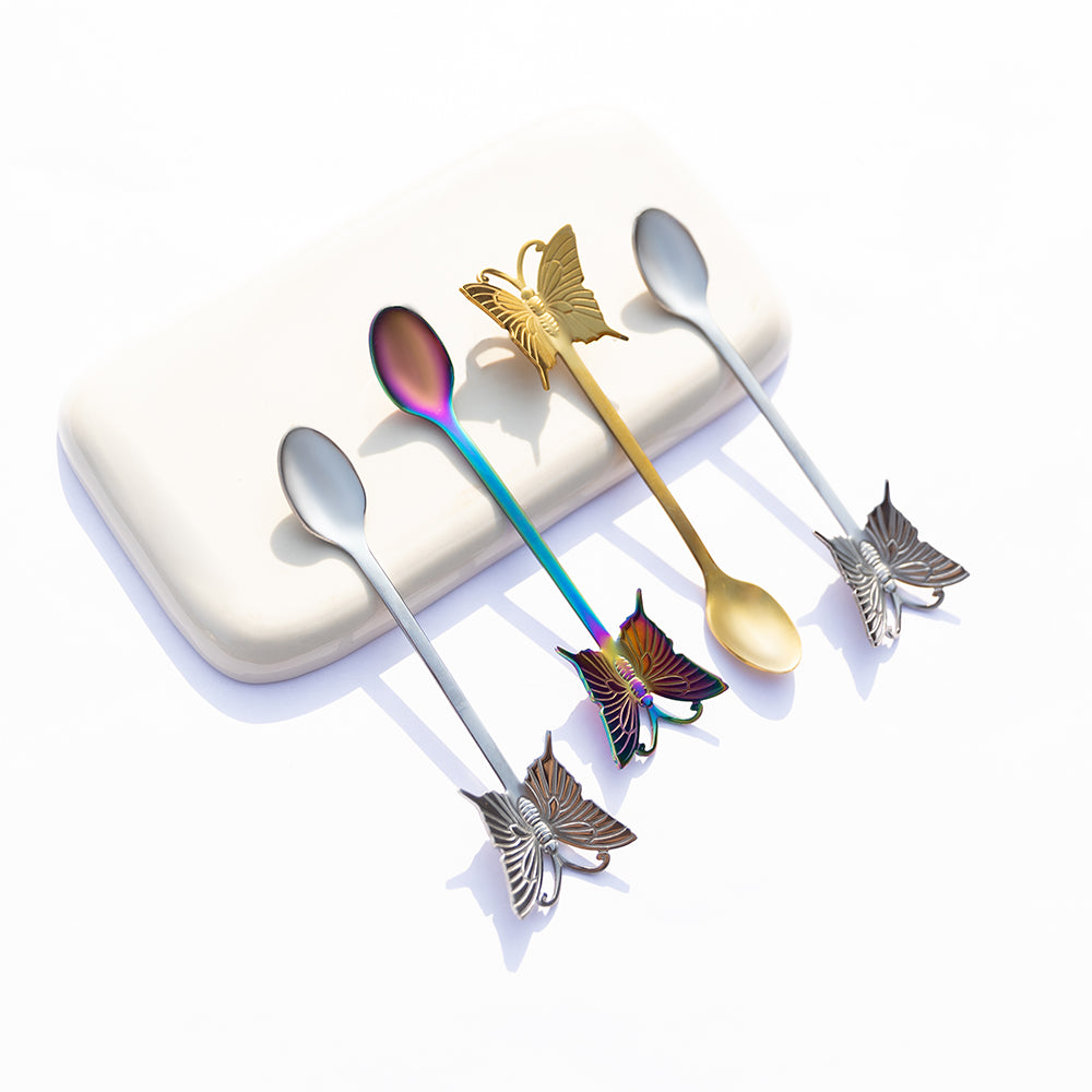 Colorful Butterfly Teaspoons Set of 6 - Elegant Stainless Steel Dessert Spoons for Tea, Coffee, Sugar, Desserts - Perfect for Parties, Bridal Showers, and Home Decor