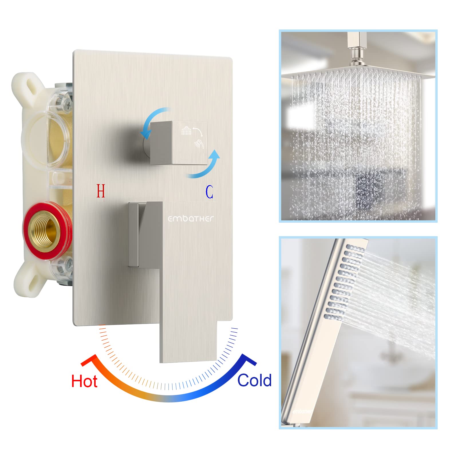 EMBATHER Brushed Nickel Rain Shower System Faucet Set - 12 Inch Rainfall Shower Head with Handheld Sprayer & Valve | Modern Bathroom Upgrade for Spa-Like Experience (Perfect for Master Bath, Guest Bath & Luxury Home Renovations)