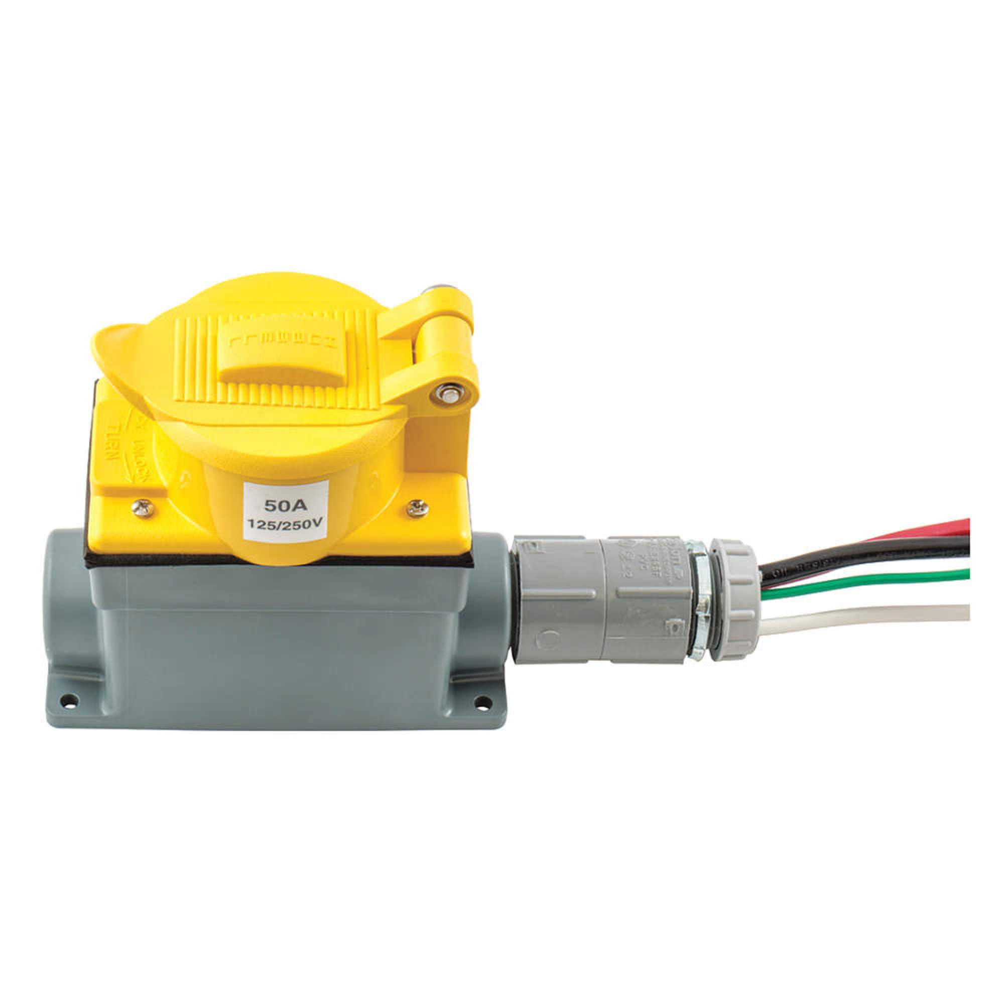 Hubbell SR50 50 Amp Pre-Wired Wall Mounted Receptacle with 2' Wire Leads - Ideal for RV, Marine, and Heavy-Duty Power Applications