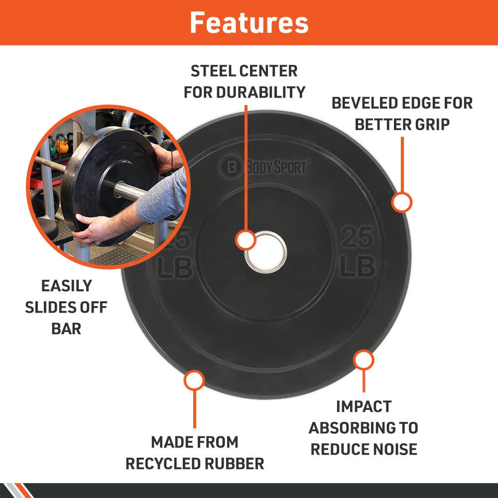 Body Sport 2” Rubber Olympic Bumper Plate Set - Premium Bumper Weight Plates for Strength Training & CrossFit - Durable Impact-Absorbing Plates with Stainless Steel Insert - Perfect for Home Gym, Weightlifting & Functional Fitness Workouts