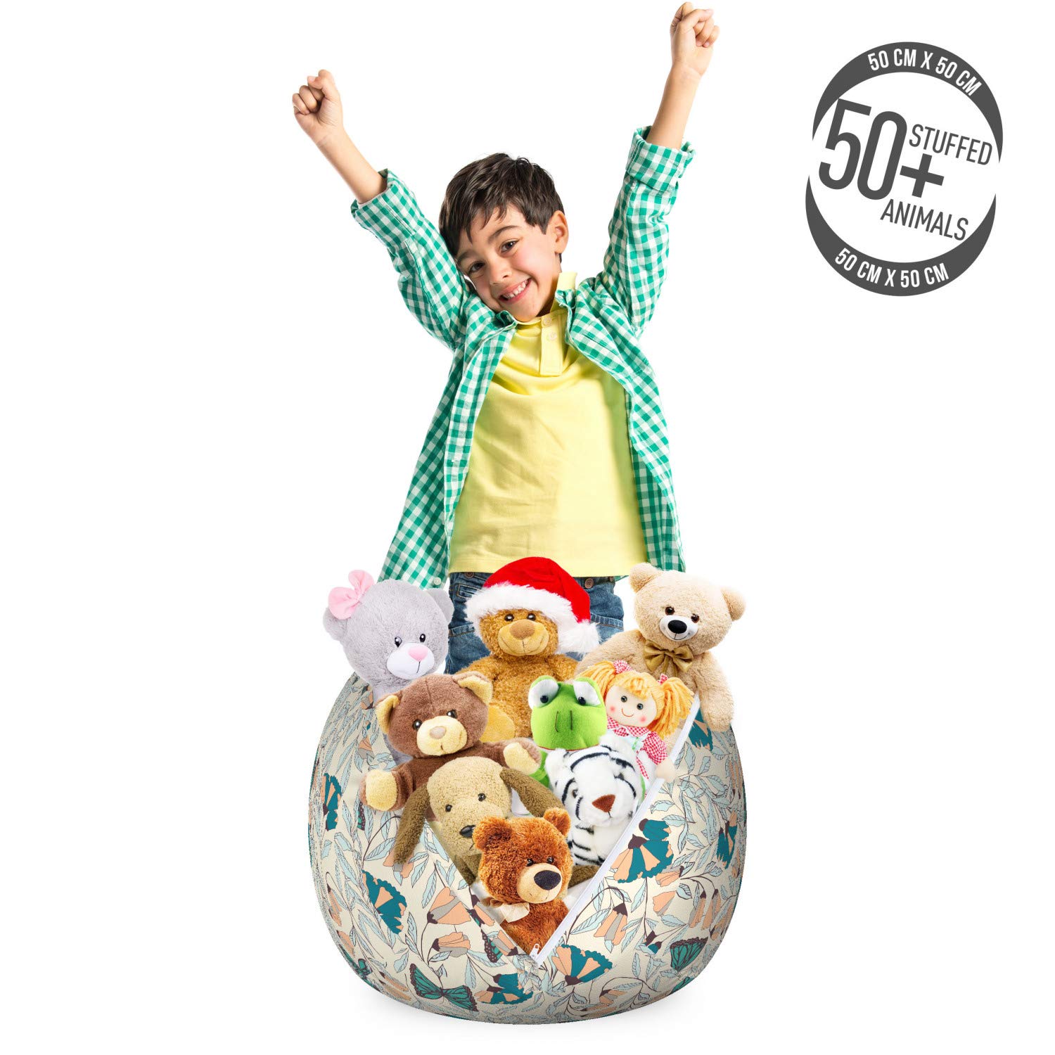 Ambesonne Floral Storage Toy Bag Chair with Burgeoning Flowers & Monarch Butterflies - Washable Stuffed Animal Organizer, Small Size (Eggshell Dark Seafoam) - Perfect for Kids' Room, Nursery, or Playroom Organization