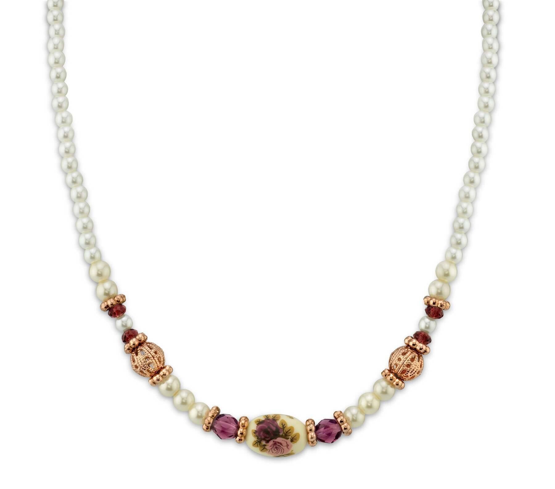1928 Jewelry Manor House 4mm Faux Pearl Strand Necklace with Amethyst Crystal Filigree & Puff Ball Design - 15