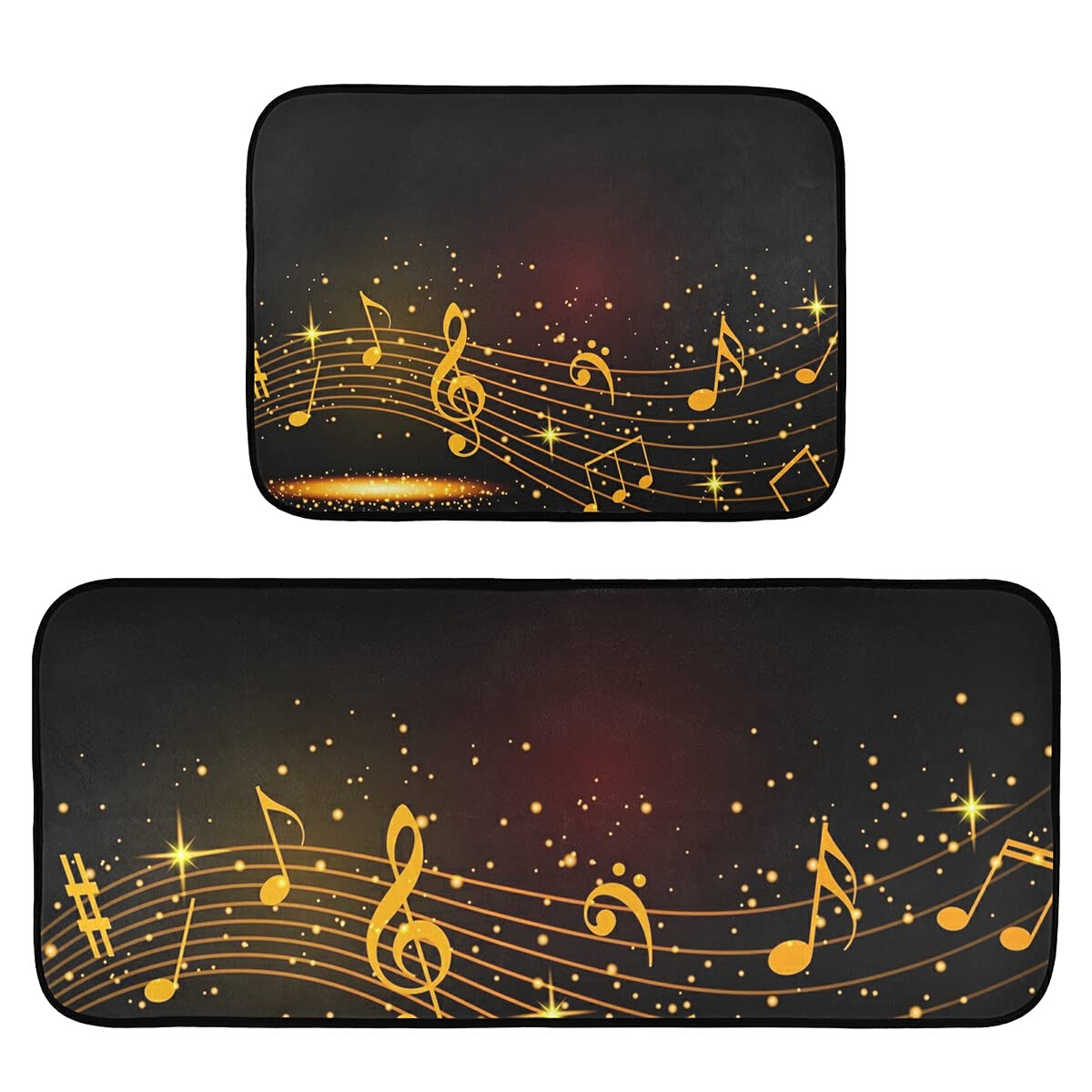 DOMIKING Golden Kitchen Rugs with Musical Notes - Non-Slip Foam Standing Mats for Farmhouse Decor (2-Pack) - Perfect for Cooking, Dishwashing & Comfortable Floor Standing in Kitchen