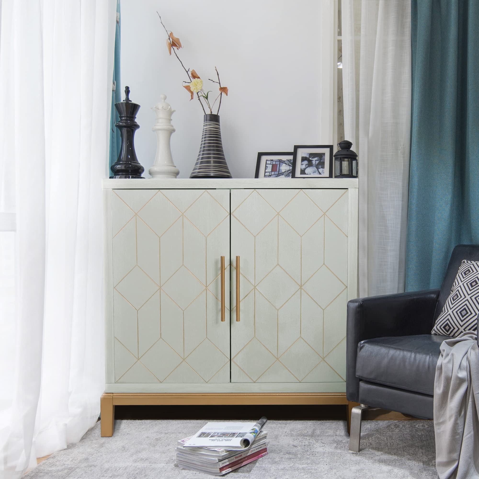 HLR Green Accent Cabinet with Gold Trim - 2 Door Modern Wooden Storage Sideboard for Living Room, Kitchen, Office & Hallway | Perfect for Home Decor, Small Space Organization & Stylish Storage Solutions