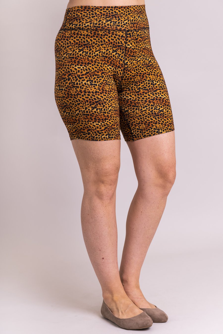 Hallie Shorts - Golden Cheetah Print Bamboo Fabric Women's Athletic Shorts for Yoga, Running & Lounge Wear