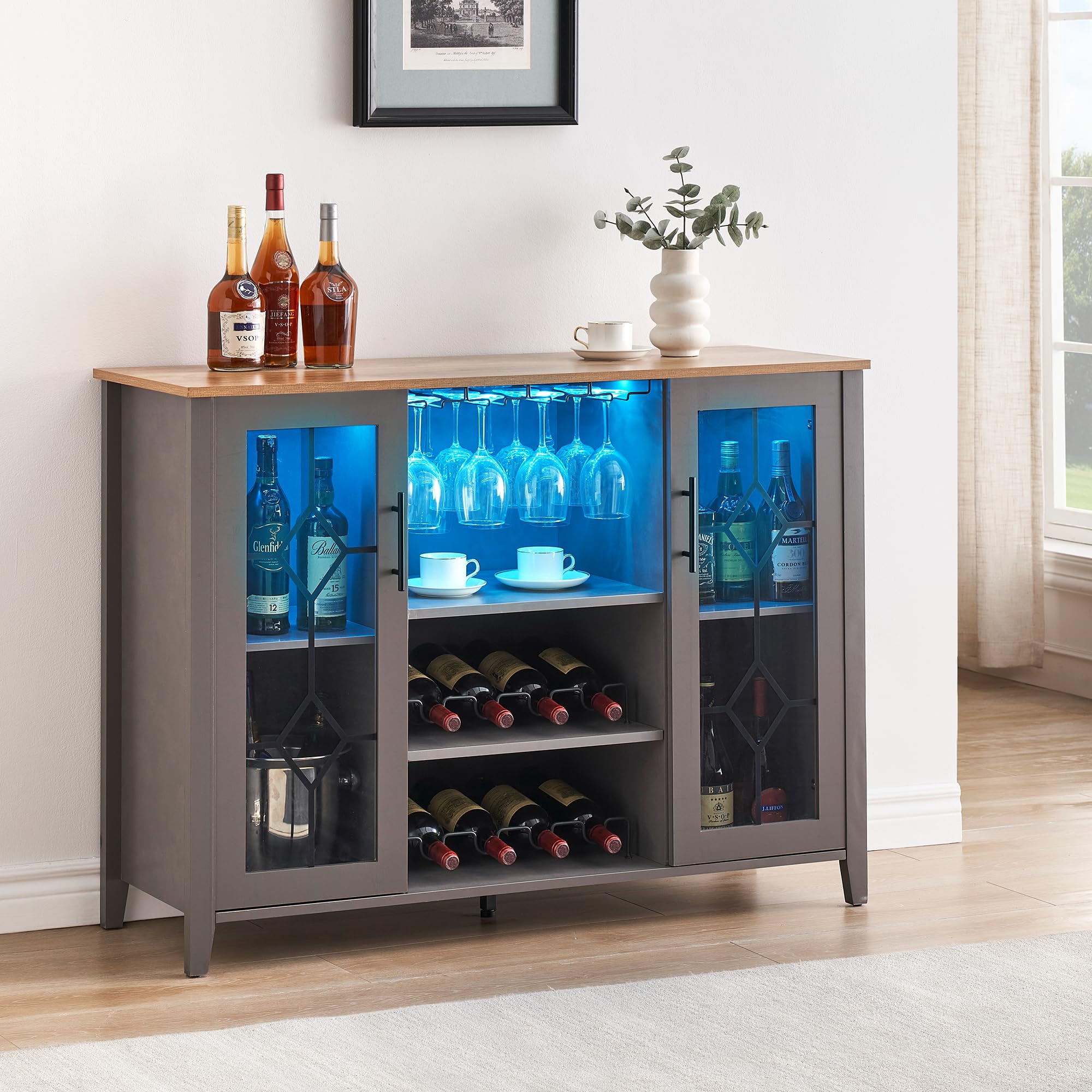 IdealHouse LED Wine Bar Cabinet with Glass Rack - Modern Kitchen Buffet Sideboard with Storage for Dining Room, Bar & Home Decor | Perfect for Wine Storage, Coffee Station & Entertaining (Dark Grey)