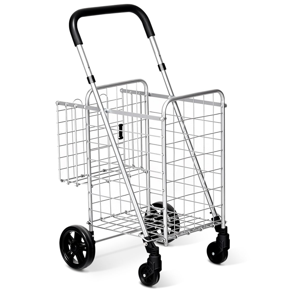 Byroce Utility Folding Shopping Cart - Lightweight Grocery Trolley with Handle, Swivel Wheels & Dual Storage Baskets - Perfect for Supermarket, Laundry, Books, Travel & Luggage (Silver)