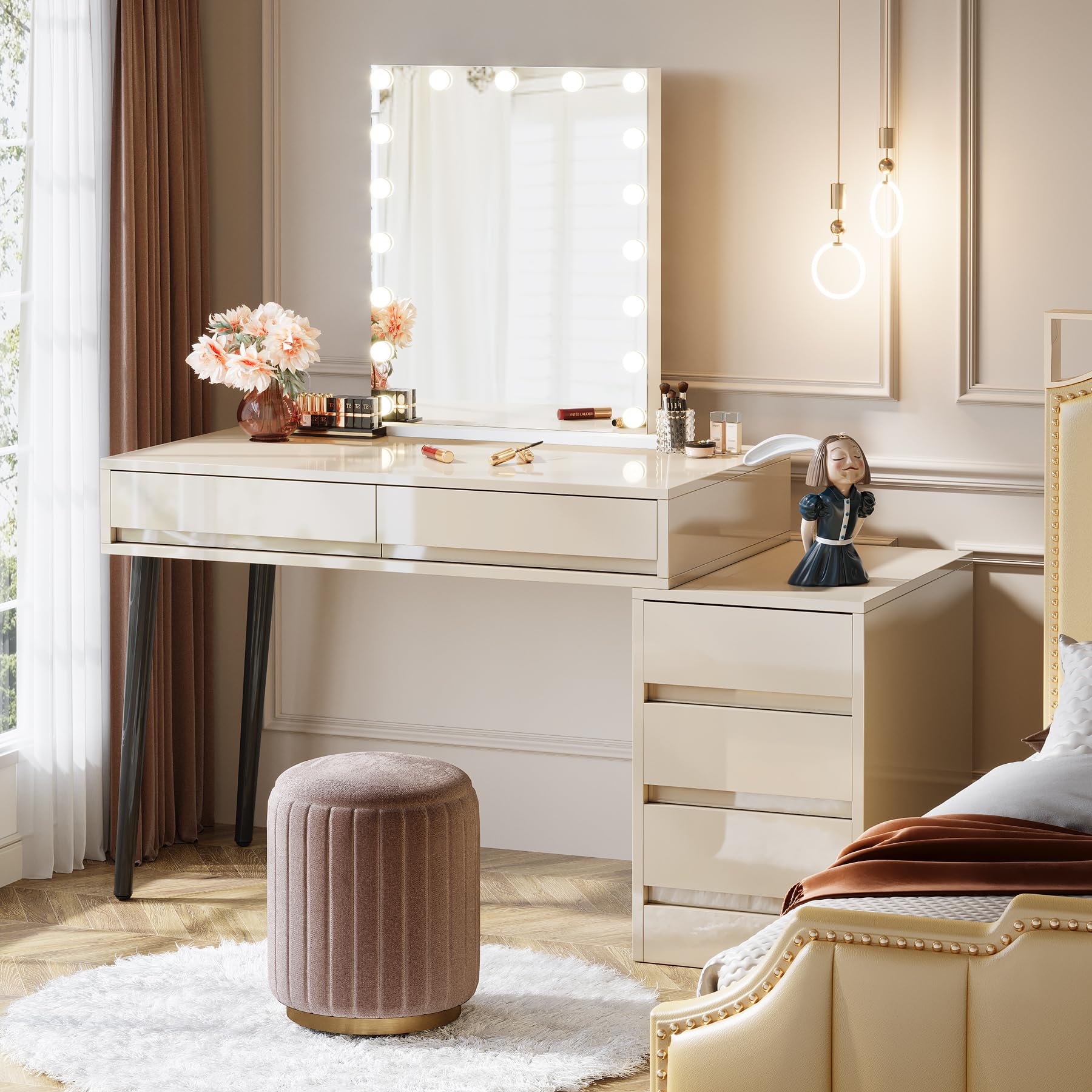 Tribesigns 5-Drawer Vanity Desk with Reversible Cabinet - High Gloss Makeup Table & Computer Desk for Bedroom or Office, Beige (No Mirror) - Perfect for Cosmetics Storage, Workstation & Home Office Organization