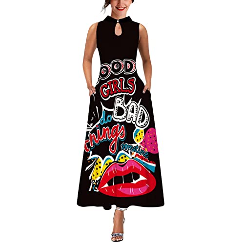 Women's Summer Sleeveless Floral Print Maxi Dress - Boho Beach Long Sundress with Pockets, Stand Neck Loose Fit (Red, Size L) | Perfect for Beach Vacations, Outdoor Parties & Casual Wear
